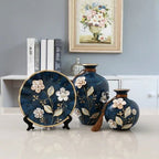 Exquisite Hand-Painted 3-Piece Ceramic Vase Set Vintage Japanese Style Home Decor 3D Ampora Plate Urn Pack Dried Flowers Arrangement Traditional Chinese & European Design - Grand Goldman