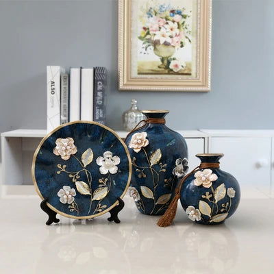 Exquisite Hand-Painted 3-Piece Ceramic Vase Set Vintage Japanese Style Home Decor 3D Ampora Plate Urn Pack Dried Flowers Arrangement Traditional Chinese & European Design - Grand Goldman