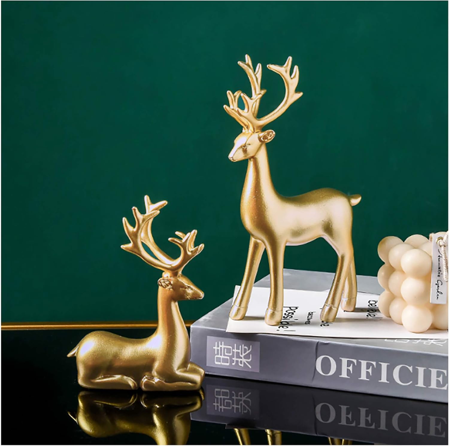 FANTESTICRYAN Small Reindeer Sculpture Resin Christmas Reindeer Elk 2pcs Christmas Home Decor Statues for Living Room, Bedroom, Office Desktop, Cabinets (Golden Small) - Grand Goldman