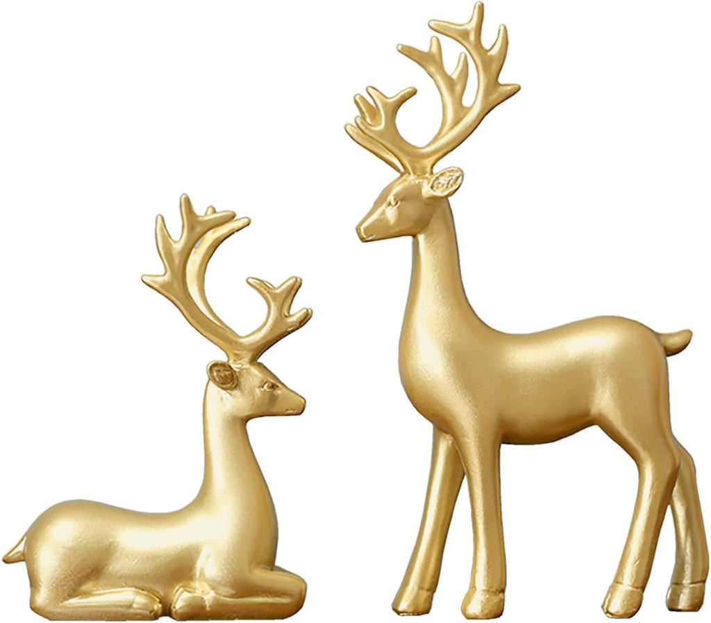 FANTESTICRYAN Small Reindeer Sculpture Resin Christmas Reindeer Elk 2pcs Christmas Home Decor Statues for Living Room, Bedroom, Office Desktop, Cabinets (Golden Small) - Grand Goldman