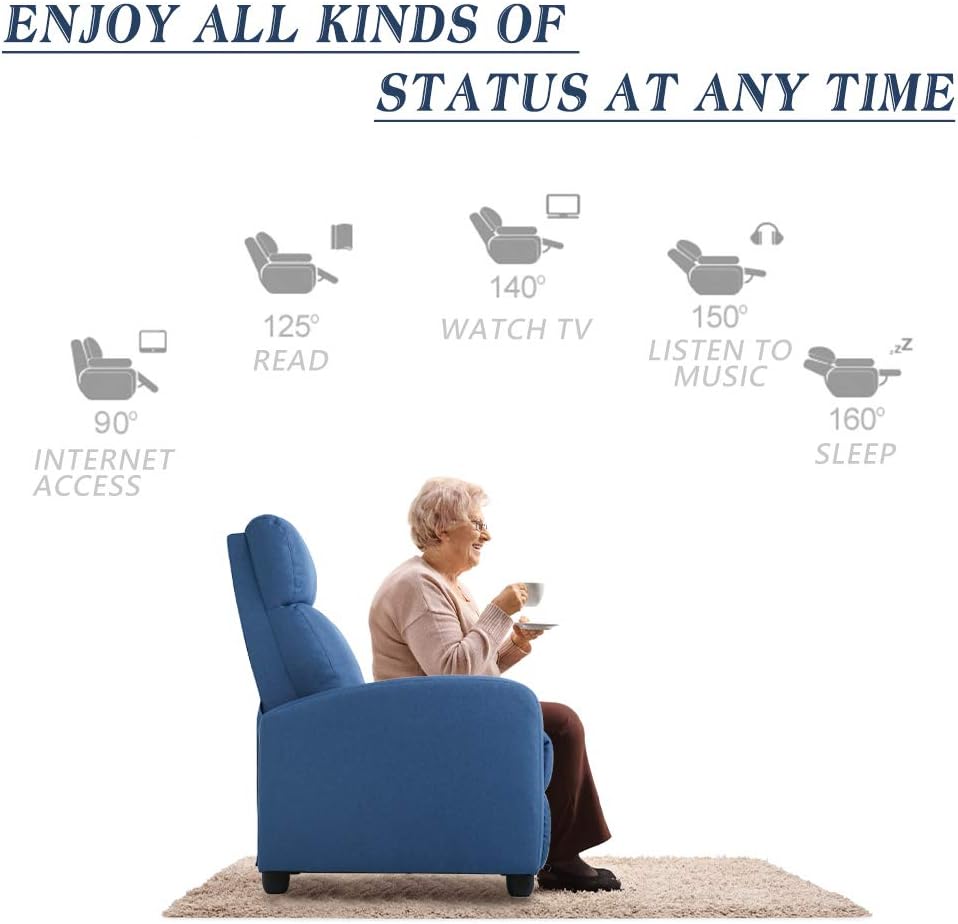 FDW Recliner Chair for Living Room Home Theater Seating Single Reclining Sofa Lounge with Padded Seat Backrest (Blue) - Grand Goldman