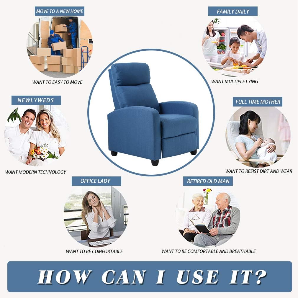 FDW Recliner Chair for Living Room Home Theater Seating Single Reclining Sofa Lounge with Padded Seat Backrest (Blue) - Grand Goldman