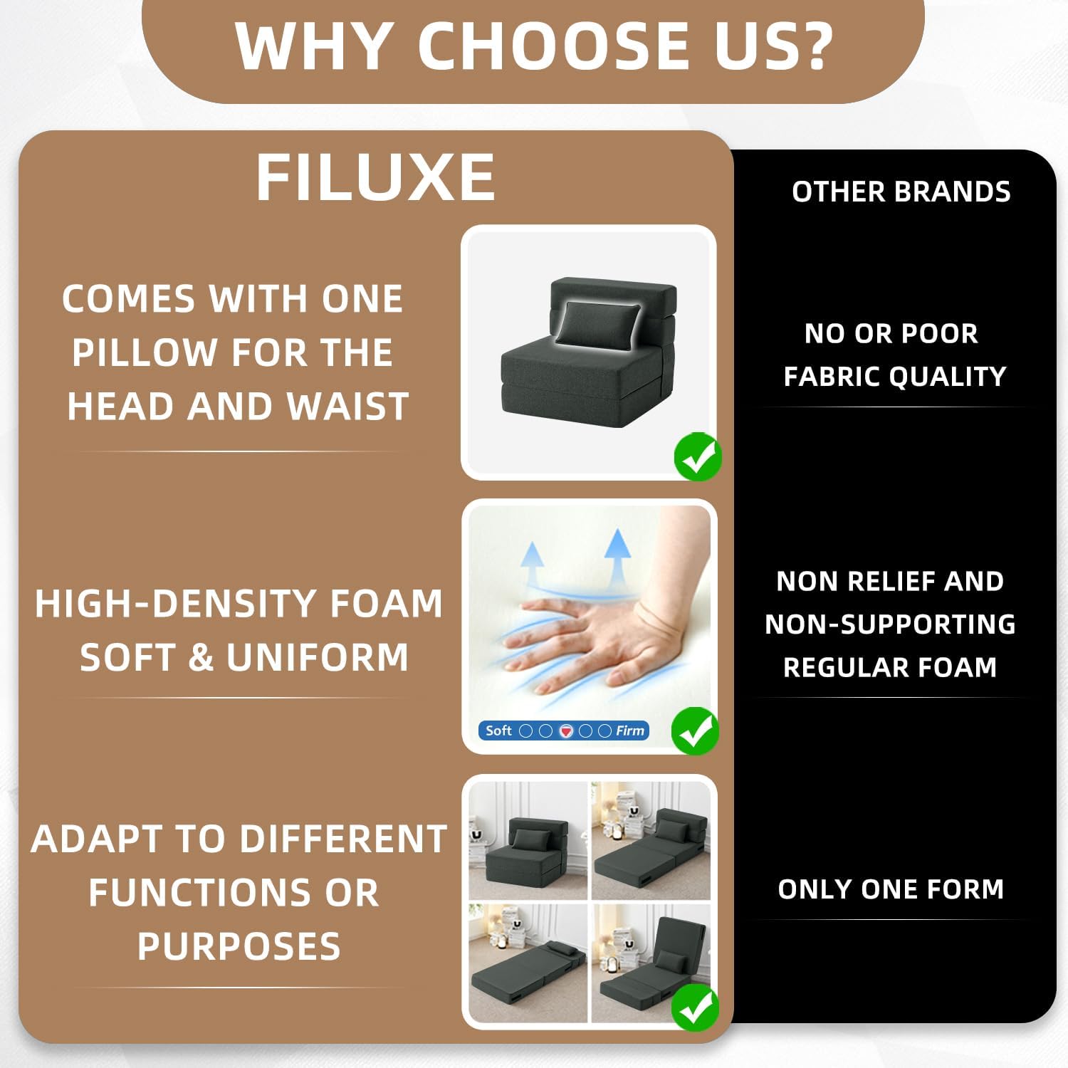 FILUXE Convertible Folding Sofa Bed - Sleeper Chair with Pillow, Modern Linen Fabric Floor & Futon Couch, Foldable Mattress for Living Room/Dorm/Guest Use/Home Office/Apartment, Single Size, Dark Gray - Grand Goldman