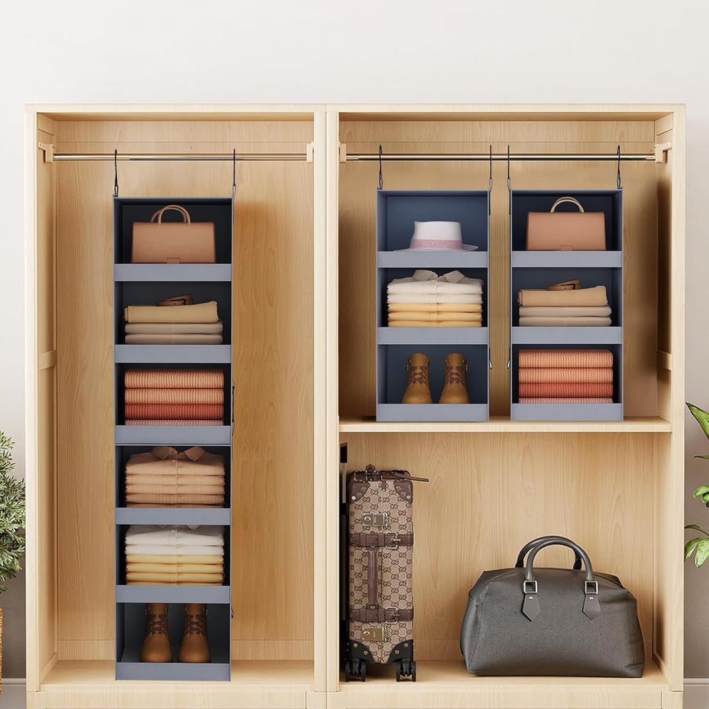 FLYBOX Hanging Closet Organizer, Collapsible Closet Hanging Organizer, 3 Shelf Sturdy Hanging Shelves for Closet & Ideal for RV,Camper Bed Side Closets Gray, 29 ¾" H X 12" W X 12" D, 1-Pack - Grand Goldman