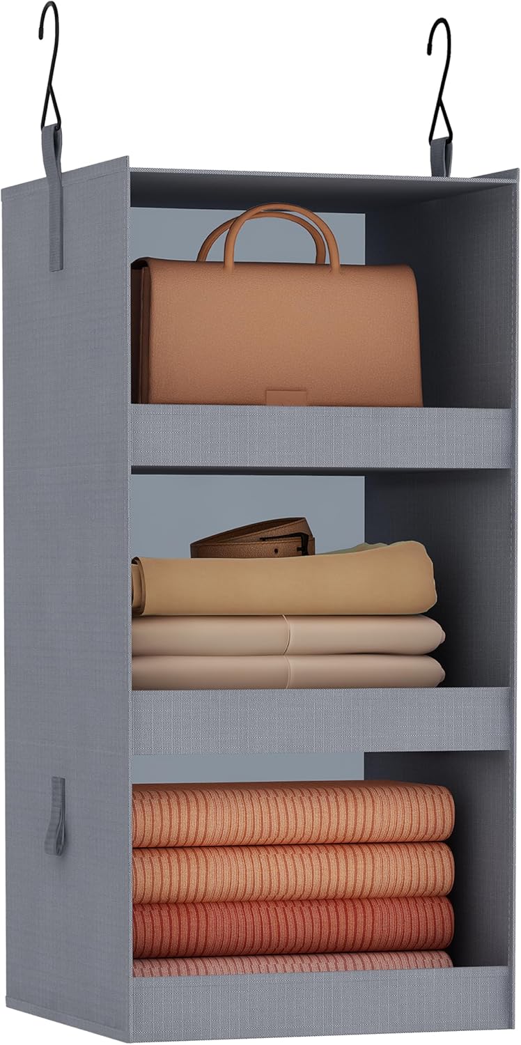 FLYBOX Hanging Closet Organizer, Collapsible Closet Hanging Organizer, 3 Shelf Sturdy Hanging Shelves for Closet & Ideal for RV,Camper Bed Side Closets Gray, 29 ¾" H X 12" W X 12" D, 1-Pack - Grand Goldman