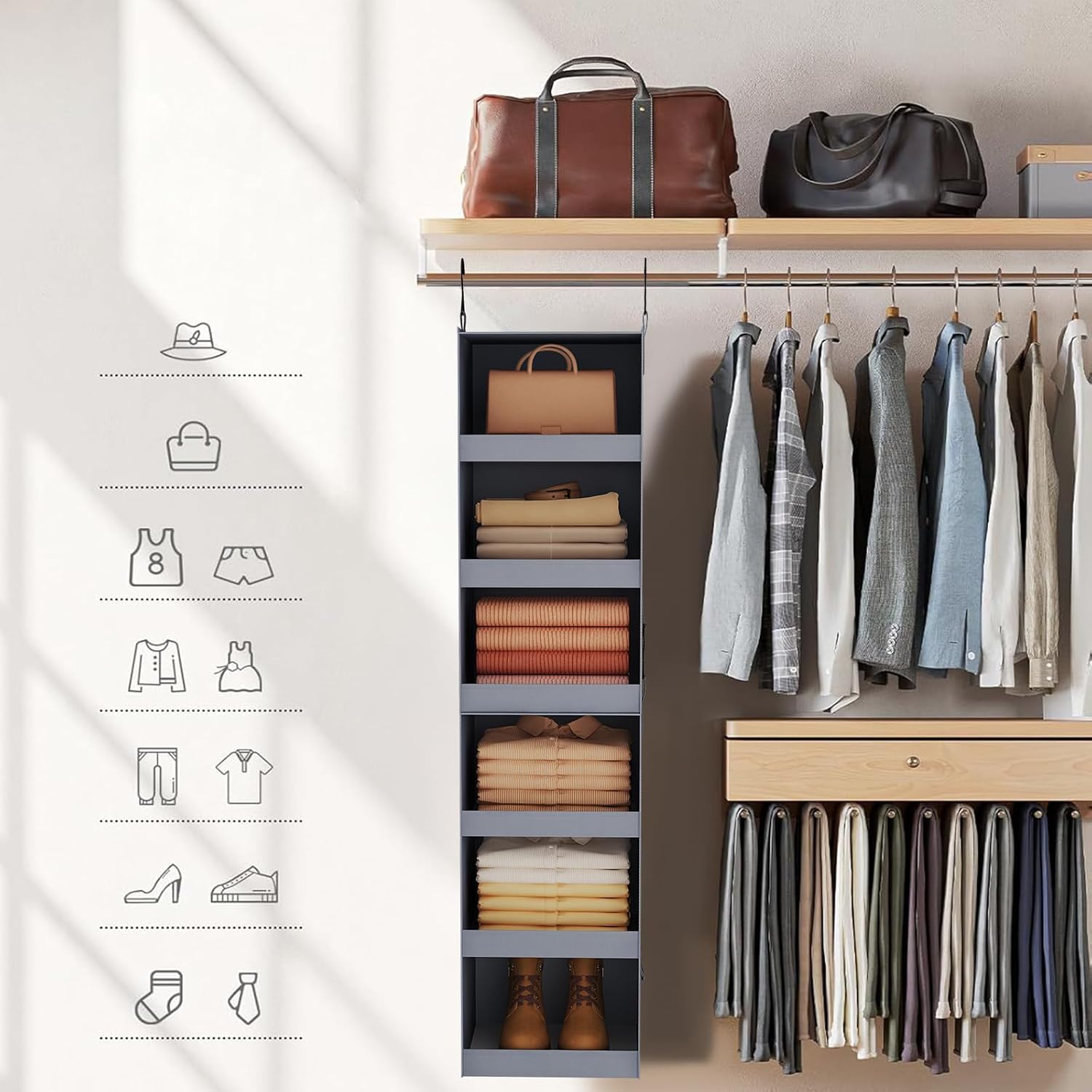 FLYBOX Hanging Closet Organizer, Collapsible Closet Hanging Organizer, 3 Shelf Sturdy Hanging Shelves for Closet & Ideal for RV,Camper Bed Side Closets Gray, 29 ¾" H X 12" W X 12" D, 1-Pack - Grand Goldman