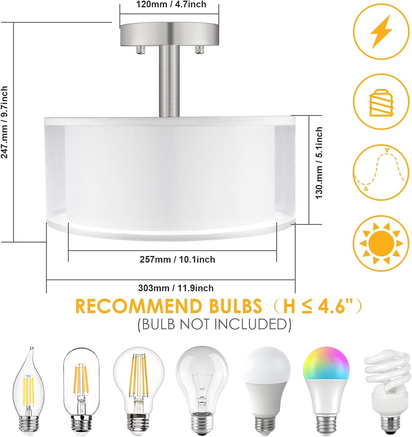 FOLKSMATE 3-Light Semi Flush Mount Ceiling Light Fixture, Drum Light with Double Fabric Shade, Modern Close to Ceiling Lamps for Dining Room Kitchen - Grand Goldman