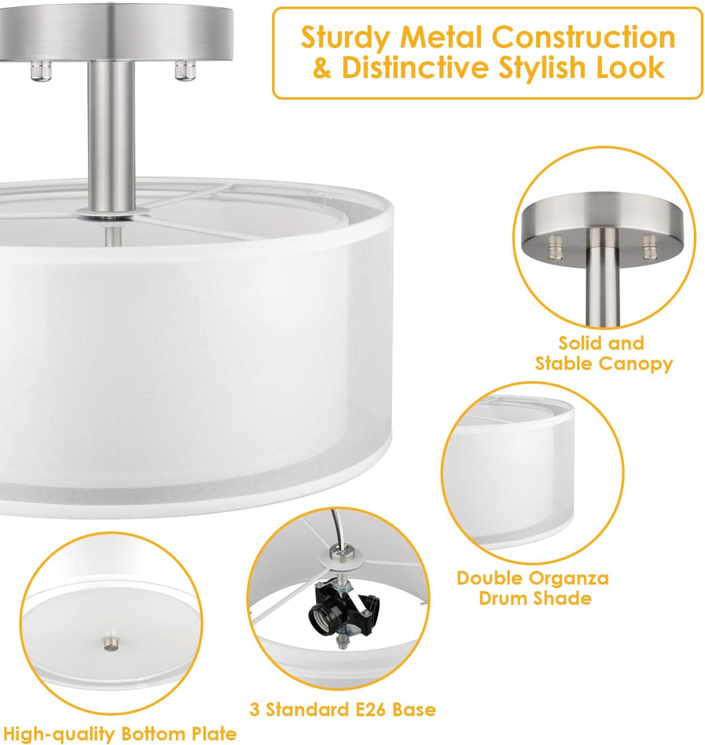 FOLKSMATE 3-Light Semi Flush Mount Ceiling Light Fixture, Drum Light with Double Fabric Shade, Modern Close to Ceiling Lamps for Dining Room Kitchen - Grand Goldman