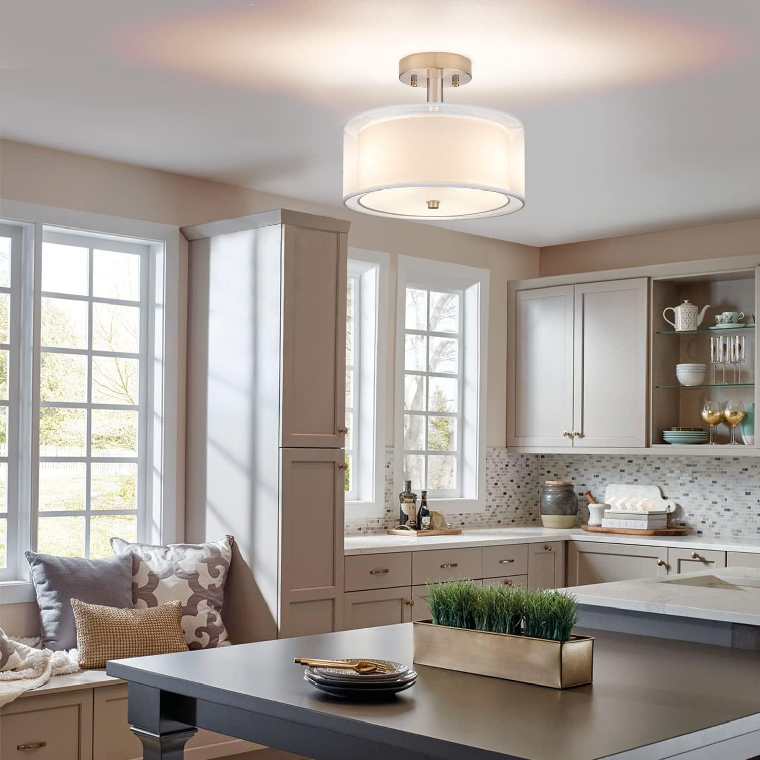 FOLKSMATE 3-Light Semi Flush Mount Ceiling Light Fixture, Drum Light with Double Fabric Shade, Modern Close to Ceiling Lamps for Dining Room Kitchen - Grand Goldman