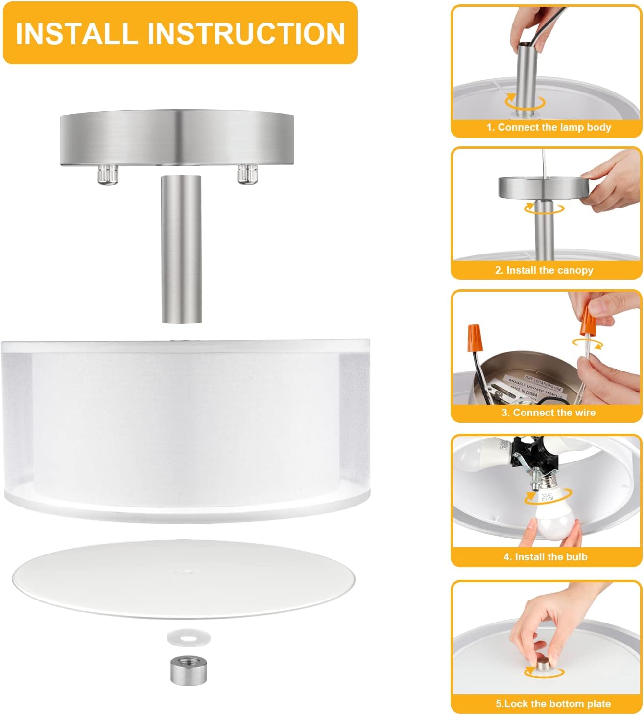 FOLKSMATE 3-Light Semi Flush Mount Ceiling Light Fixture, Drum Light with Double Fabric Shade, Modern Close to Ceiling Lamps for Dining Room Kitchen - Grand Goldman