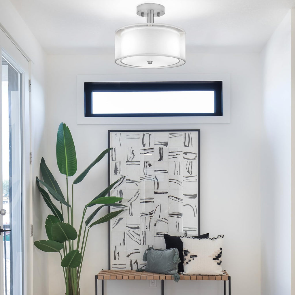 FOLKSMATE 3-Light Semi Flush Mount Ceiling Light Fixture, Drum Light with Double Fabric Shade, Modern Close to Ceiling Lamps for Dining Room Kitchen - Grand Goldman