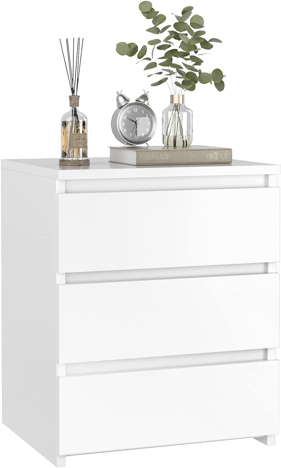 FOTOSOK White Nightstand with 3 Drawers, White Bedside Table Night Stand for Bedroom with Cut-Out Handle, Sofa Side Table 3 Drawer Nightstand for Bedroom, 17.7W*15D*21.7H - Grand Goldman