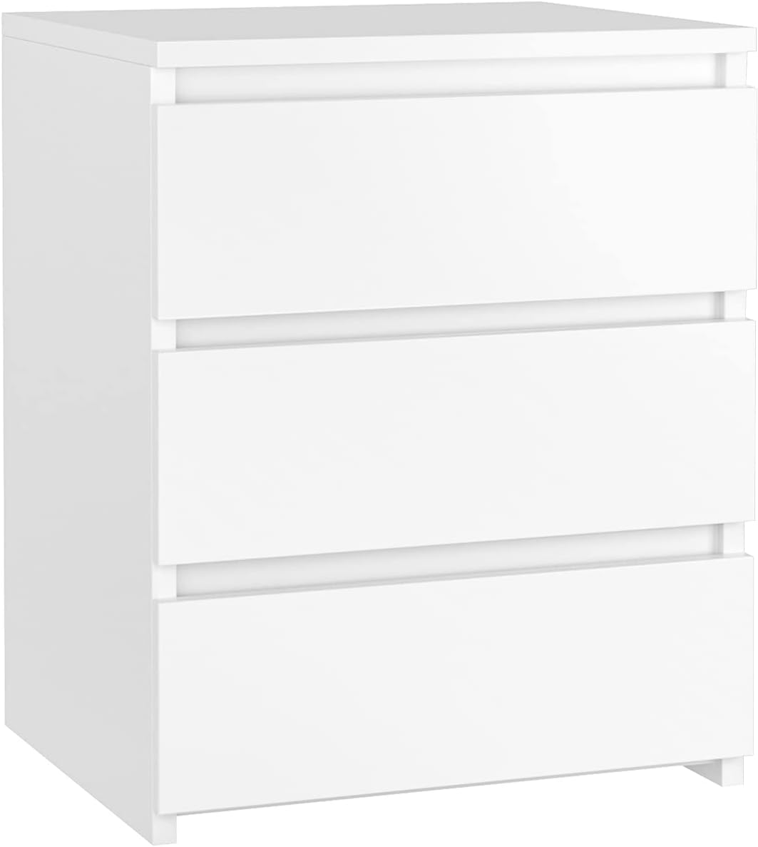 FOTOSOK White Nightstand with 3 Drawers, White Bedside Table Night Stand for Bedroom with Cut-Out Handle, Sofa Side Table 3 Drawer Nightstand for Bedroom, 17.7W*15D*21.7H - Grand Goldman
