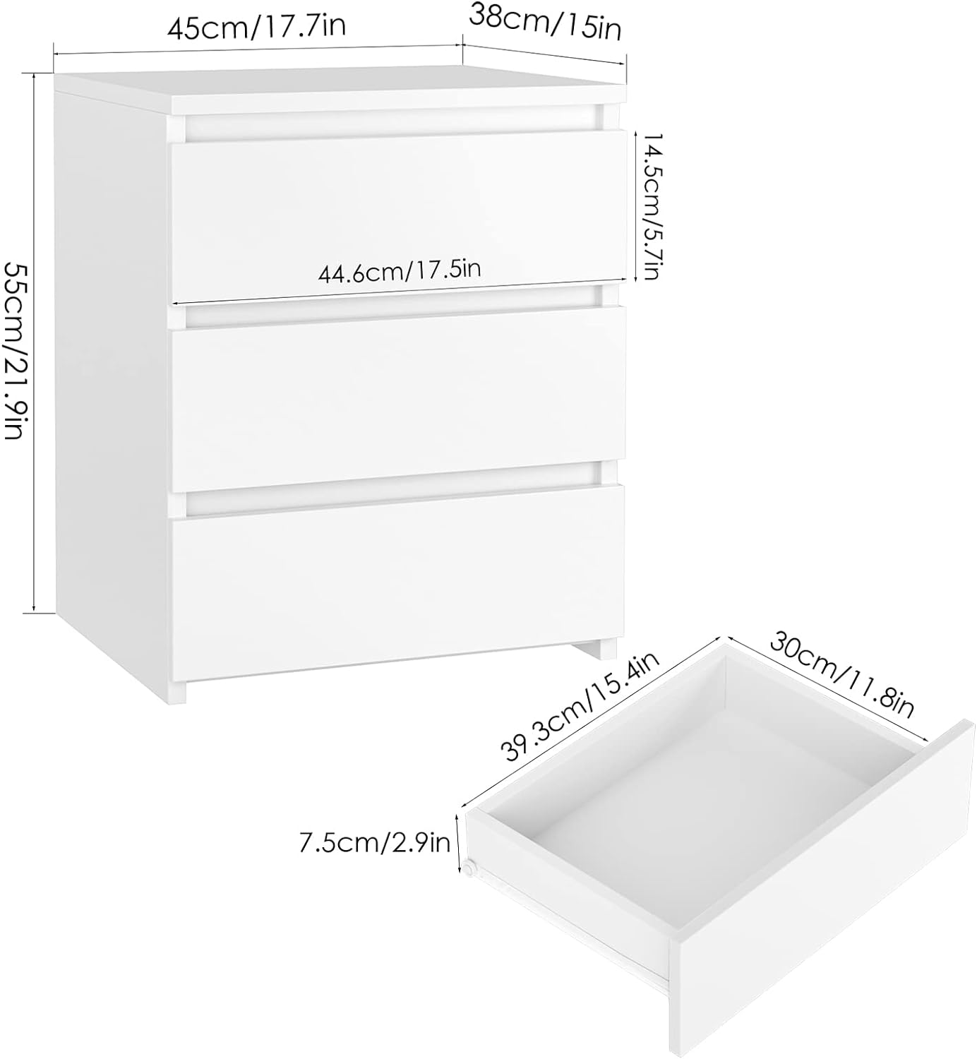 FOTOSOK White Nightstand with 3 Drawers, White Bedside Table Night Stand for Bedroom with Cut-Out Handle, Sofa Side Table 3 Drawer Nightstand for Bedroom, 17.7W*15D*21.7H - Grand Goldman