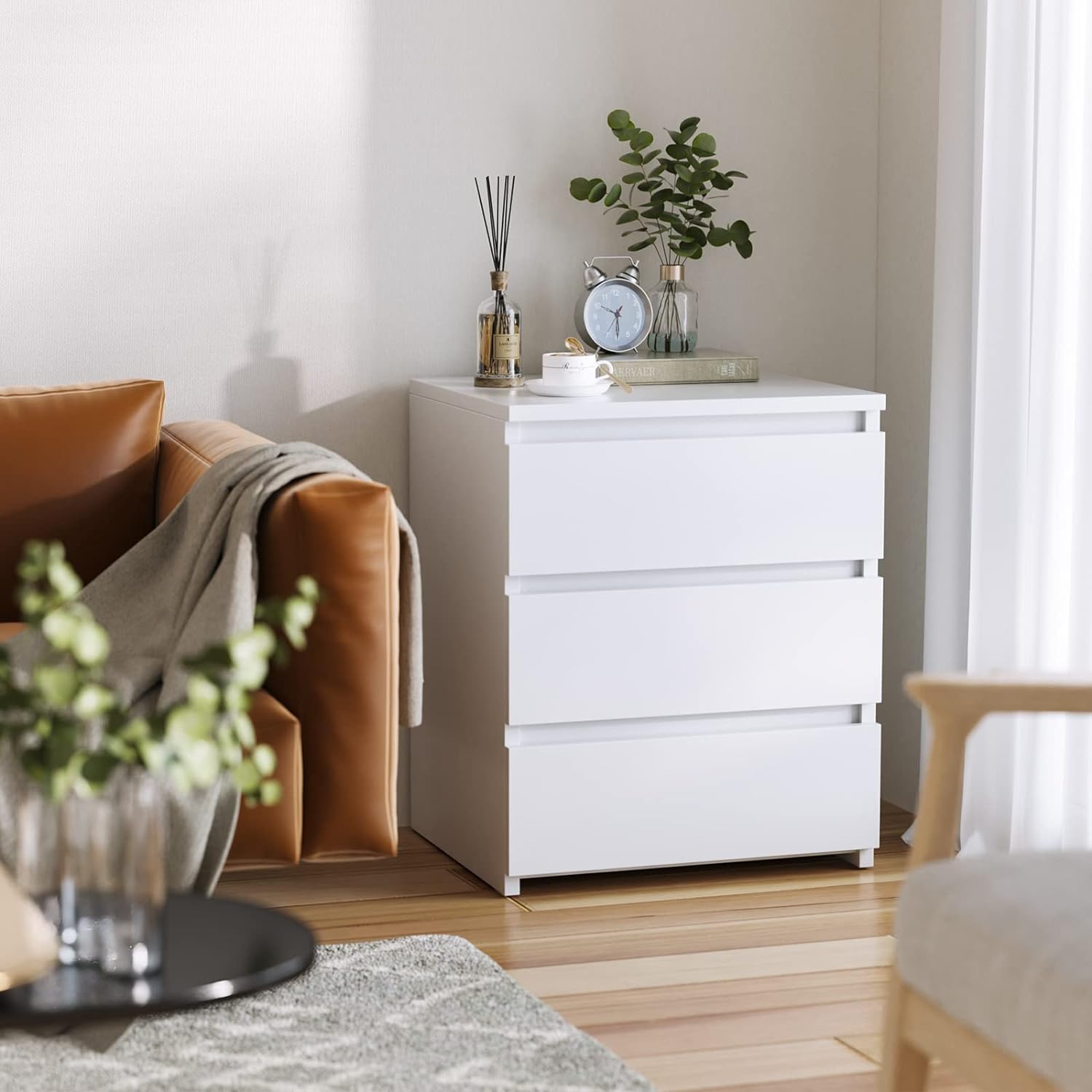 FOTOSOK White Nightstand with 3 Drawers, White Bedside Table Night Stand for Bedroom with Cut-Out Handle, Sofa Side Table 3 Drawer Nightstand for Bedroom, 17.7W*15D*21.7H - Grand Goldman