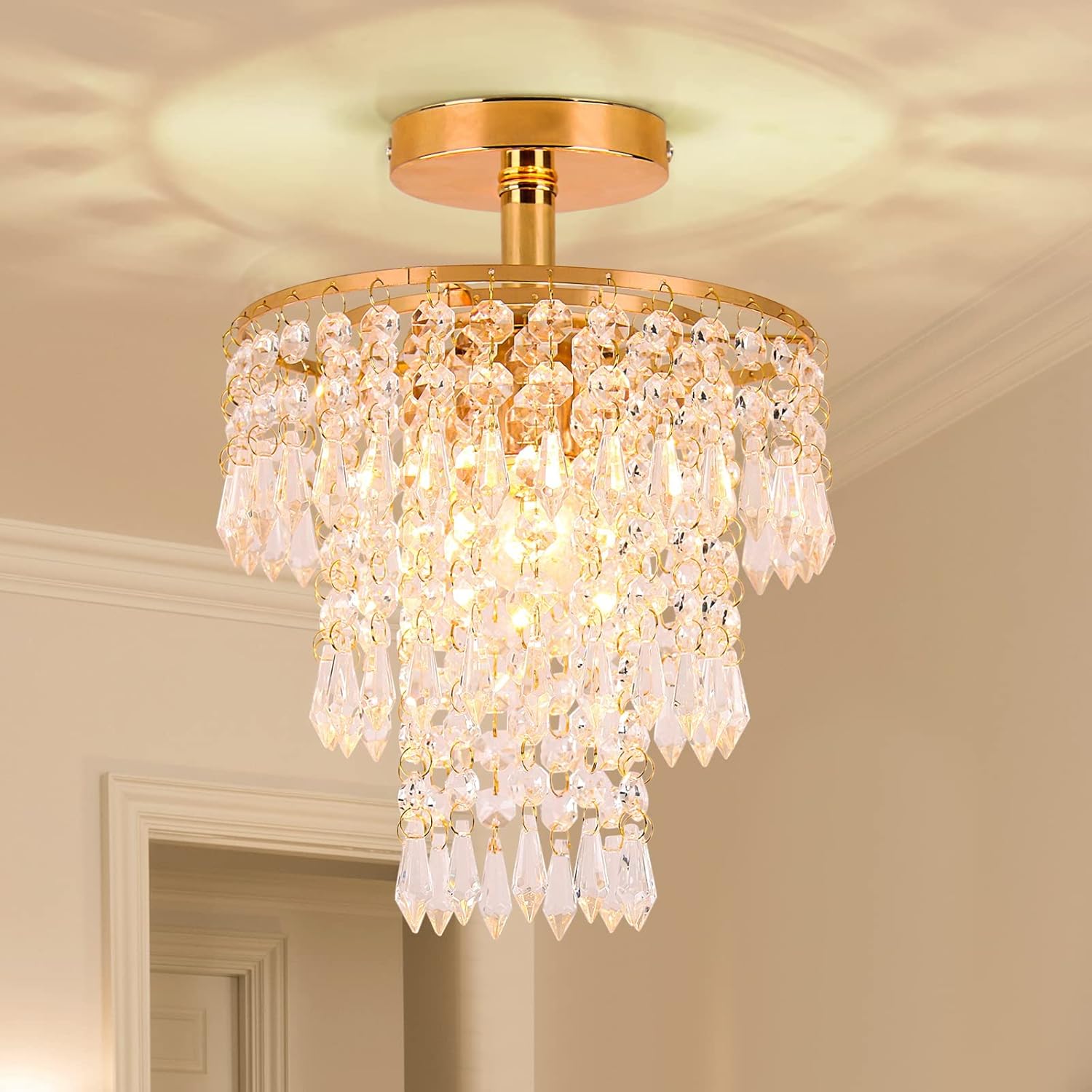 FRIXCHUR Mini Size Crystal Chandelier Modern Flush Mount Ceiling Light 3 Tiers Raindrops Crystal Pendant Lighting Fixture Decoration for Bedroom Hallway Living Room,E26 Base,Gold - Grand Goldman