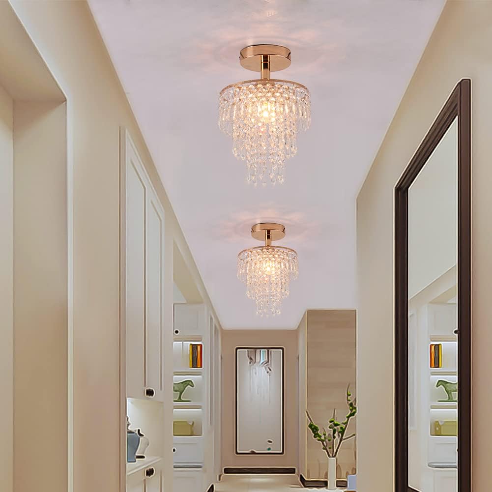 FRIXCHUR Mini Size Crystal Chandelier Modern Flush Mount Ceiling Light 3 Tiers Raindrops Crystal Pendant Lighting Fixture Decoration for Bedroom Hallway Living Room,E26 Base,Gold - Grand Goldman