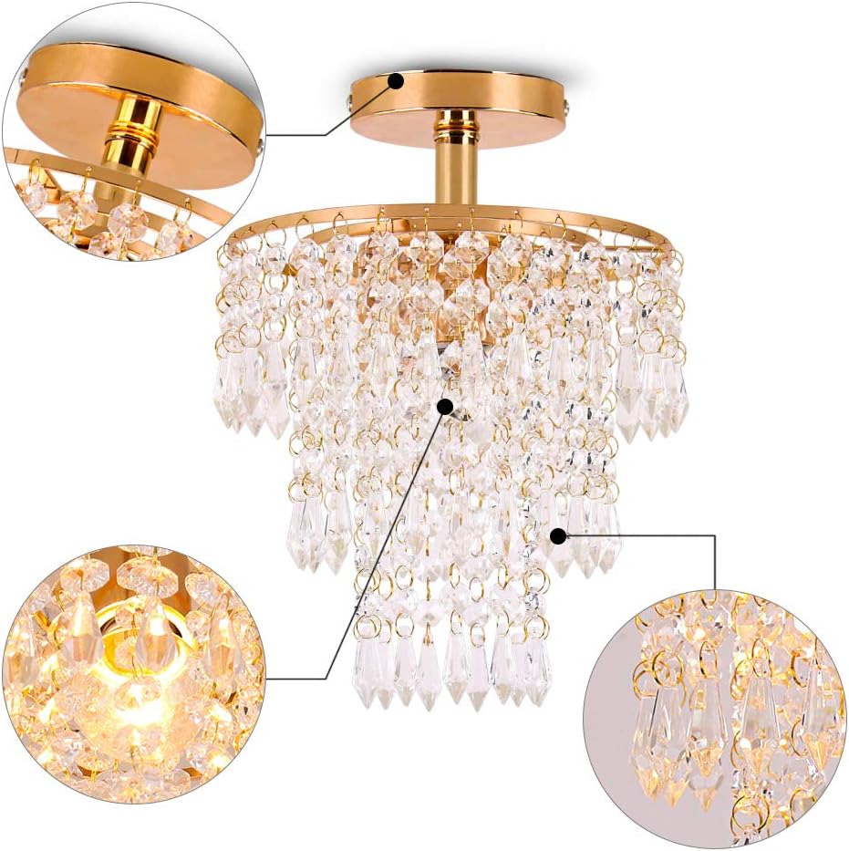 FRIXCHUR Mini Size Crystal Chandelier Modern Flush Mount Ceiling Light 3 Tiers Raindrops Crystal Pendant Lighting Fixture Decoration for Bedroom Hallway Living Room,E26 Base,Gold - Grand Goldman