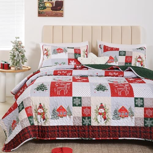FROZZUR Quilts Queen Size Christmas Patchwork Quilt with Santa Claus Red Stocking Bedspreads Queen Size Snowman Reindeer Soft Coverlet 2 Pillow Cases - Grand Goldman