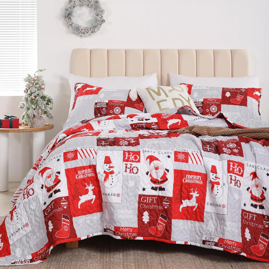 FROZZUR Quilts Queen Size Christmas Patchwork Quilt with Santa Claus Red Stocking Bedspreads Queen Size Snowman Reindeer Soft Coverlet 2 Pillow Cases - Grand Goldman