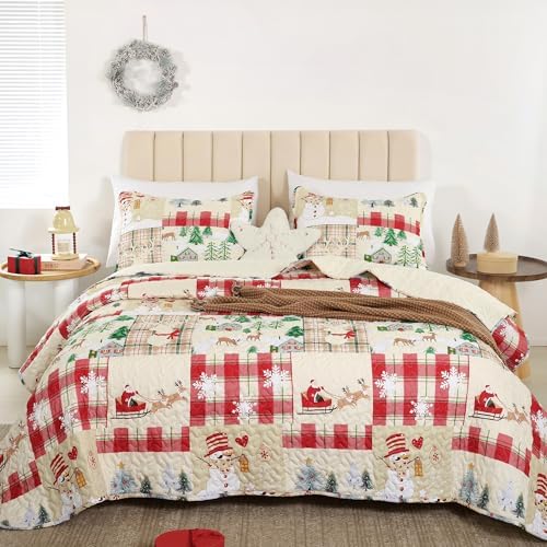 FROZZUR Quilts Queen Size Christmas Patchwork Quilt with Santa Claus Red Stocking Bedspreads Queen Size Snowman Reindeer Soft Coverlet 2 Pillow Cases - Grand Goldman