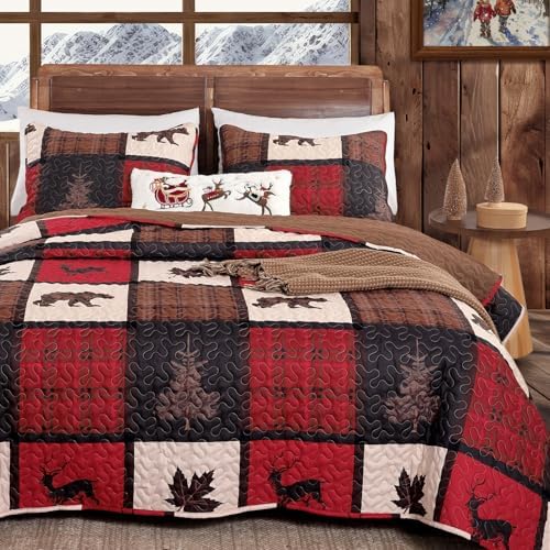 FROZZUR Quilts Queen Size Christmas Patchwork Quilt with Santa Claus Red Stocking Bedspreads Queen Size Snowman Reindeer Soft Coverlet 2 Pillow Cases - Grand Goldman