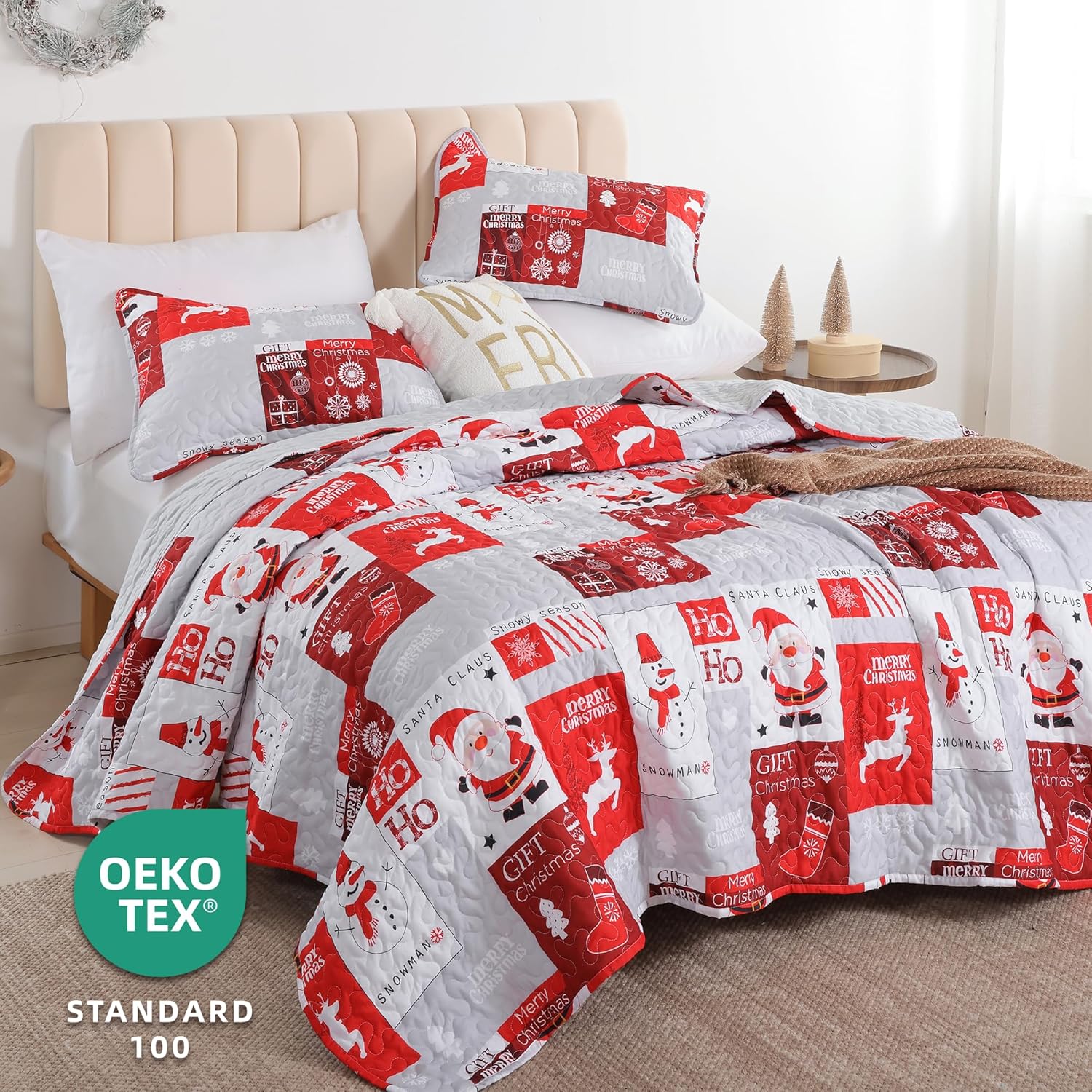 FROZZUR Quilts Queen Size Christmas Patchwork Quilt with Santa Claus Red Stocking Bedspreads Queen Size Snowman Reindeer Soft Coverlet 2 Pillow Cases - Grand Goldman