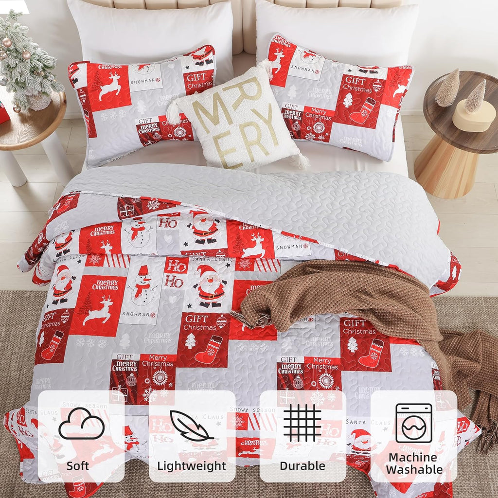 FROZZUR Quilts Queen Size Christmas Patchwork Quilt with Santa Claus Red Stocking Bedspreads Queen Size Snowman Reindeer Soft Coverlet 2 Pillow Cases - Grand Goldman