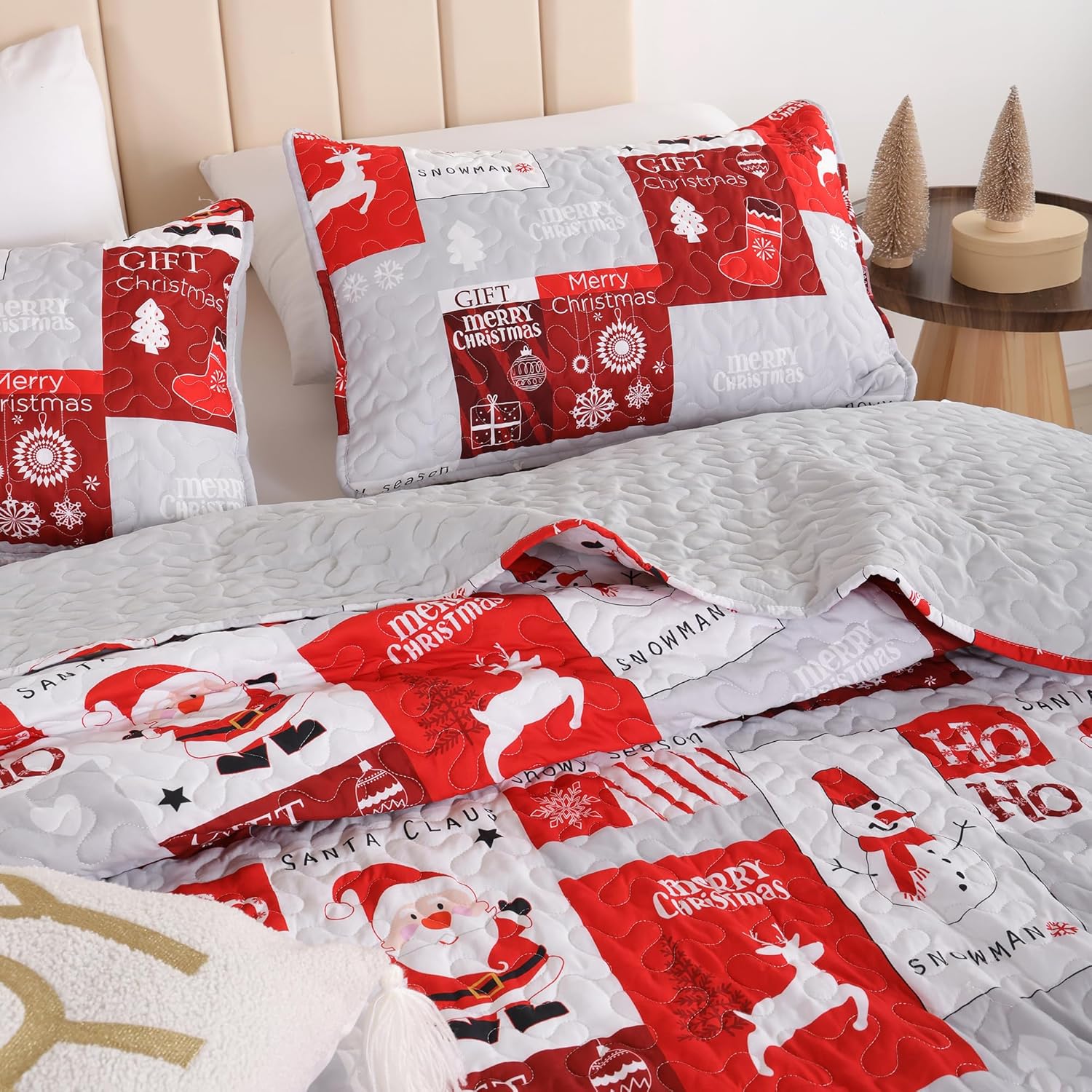 FROZZUR Quilts Queen Size Christmas Patchwork Quilt with Santa Claus Red Stocking Bedspreads Queen Size Snowman Reindeer Soft Coverlet 2 Pillow Cases - Grand Goldman