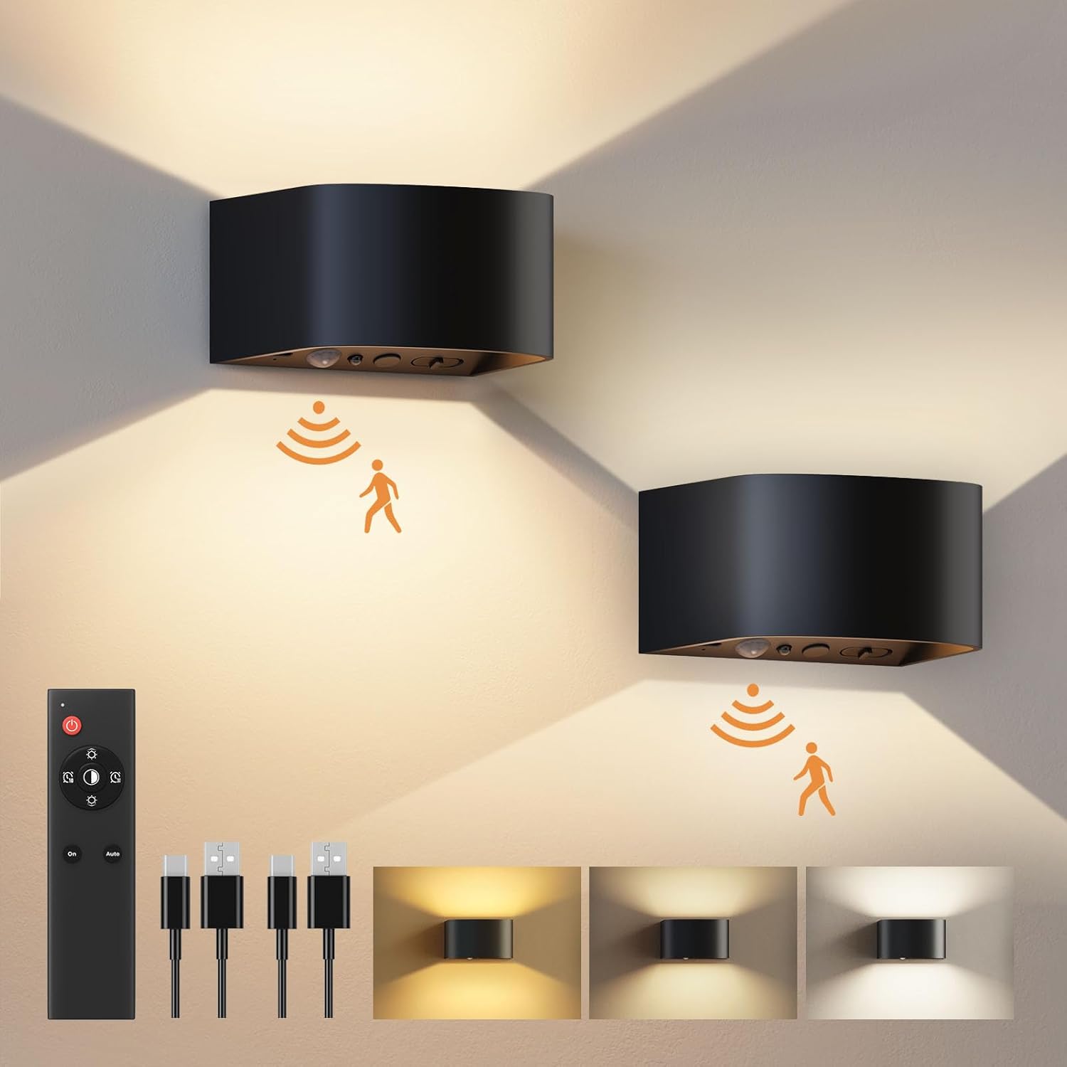 FULEN Motion Sensor Wall Light with Remote Control 3 Colors Wireless W ...
