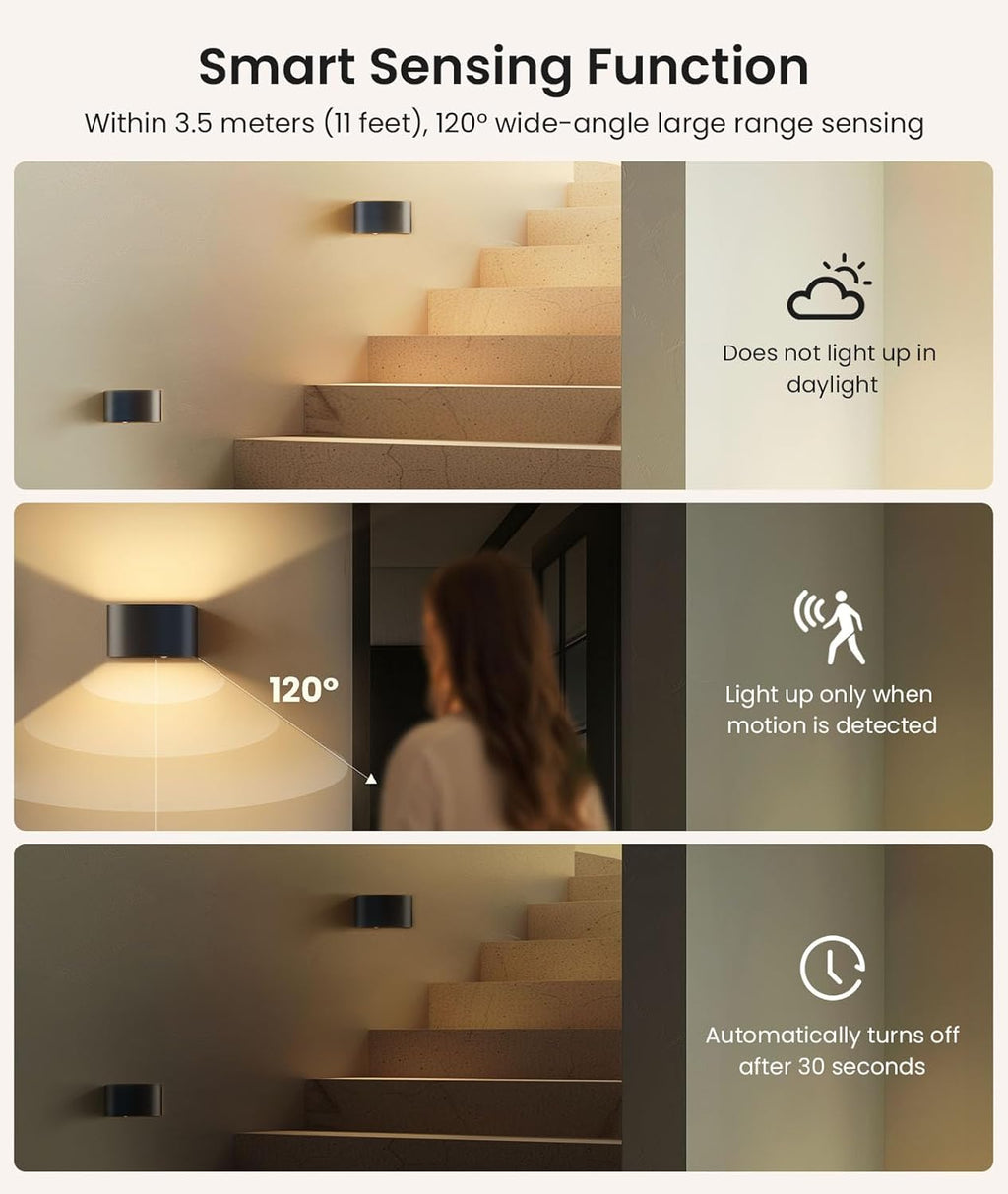 FULEN Motion Sensor Wall Light with Remote Control 3 Colors Wireless Wall Lamp LED Indoor Up and Down Wall Sconce 5000mAh Rechargeable Battery Powered Wall Lamps Brightness Adjustable, Black 2 Pack - Grand Goldman
