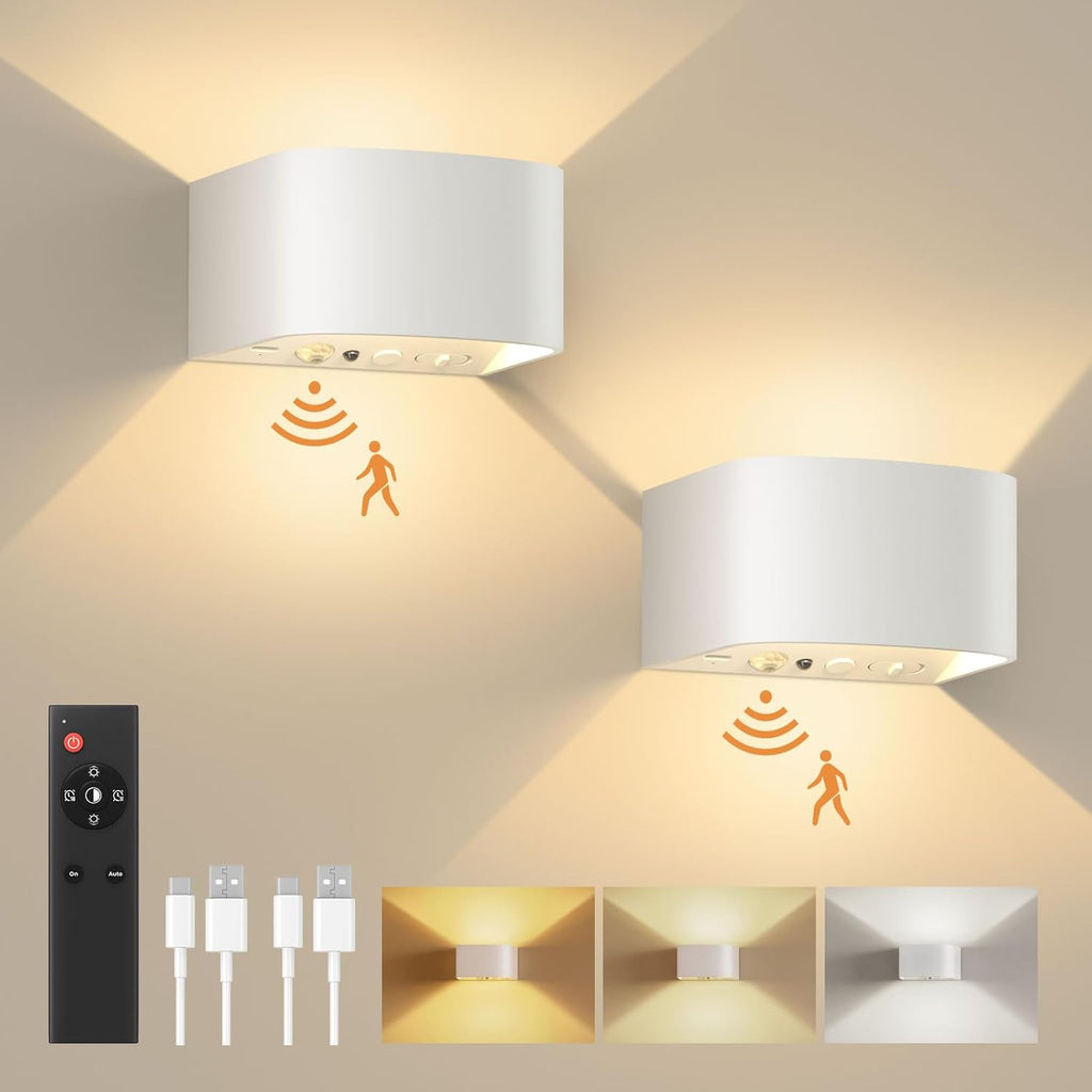 FULEN Motion Sensor Wall Light with Remote Control 3 Colors Wireless Wall Lamp LED Indoor Up and Down Wall Sconce 5000mAh Rechargeable Battery Powered Wall Lamps Brightness Adjustable, Black 2 Pack - Grand Goldman