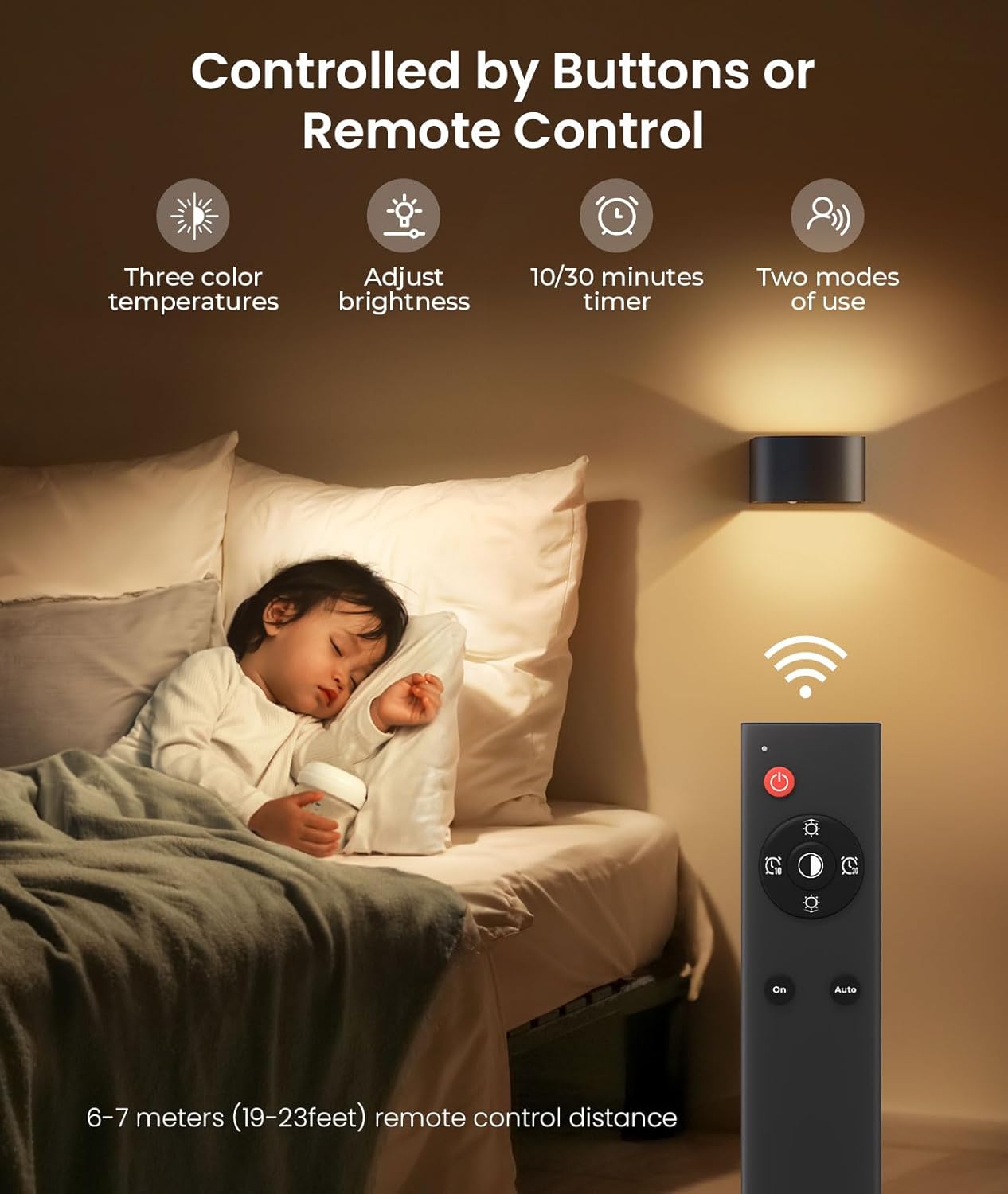 FULEN Motion Sensor Wall Light with Remote Control 3 Colors Wireless Wall Lamp LED Indoor Up and Down Wall Sconce 5000mAh Rechargeable Battery Powered Wall Lamps Brightness Adjustable, Black 2 Pack - Grand Goldman