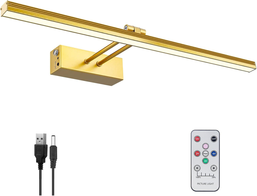 FUNCHDAY Picture Light,5000mAh Battery Operated Picture Light for Wall,Wireless Remote Painting Light with Timer and Dimmable,16”Metal Art Light for Display,Artwork,Portrait,Gallery-Gold - Grand Goldman