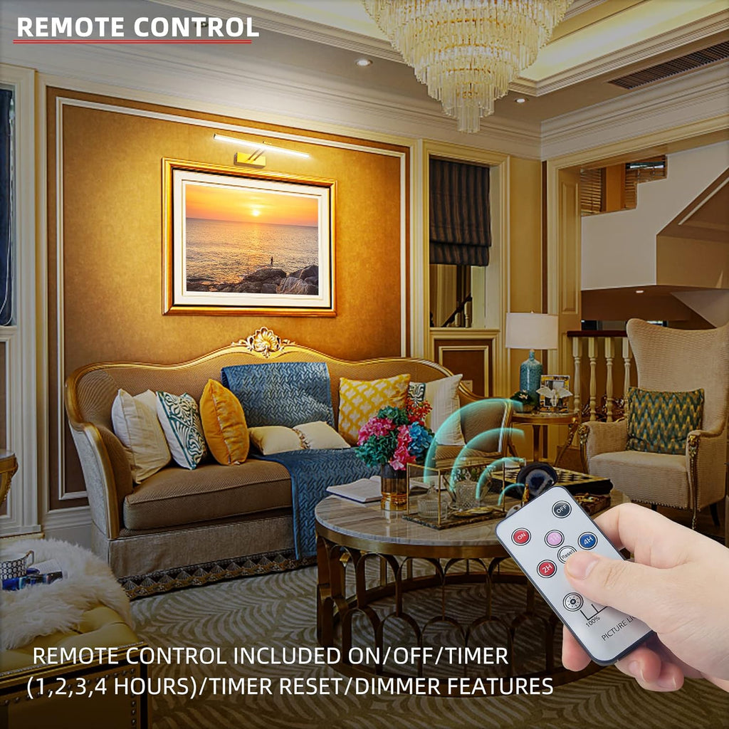 FUNCHDAY Picture Light,5000mAh Battery Operated Picture Light for Wall,Wireless Remote Painting Light with Timer and Dimmable,16”Metal Art Light for Display,Artwork,Portrait,Gallery-Gold - Grand Goldman