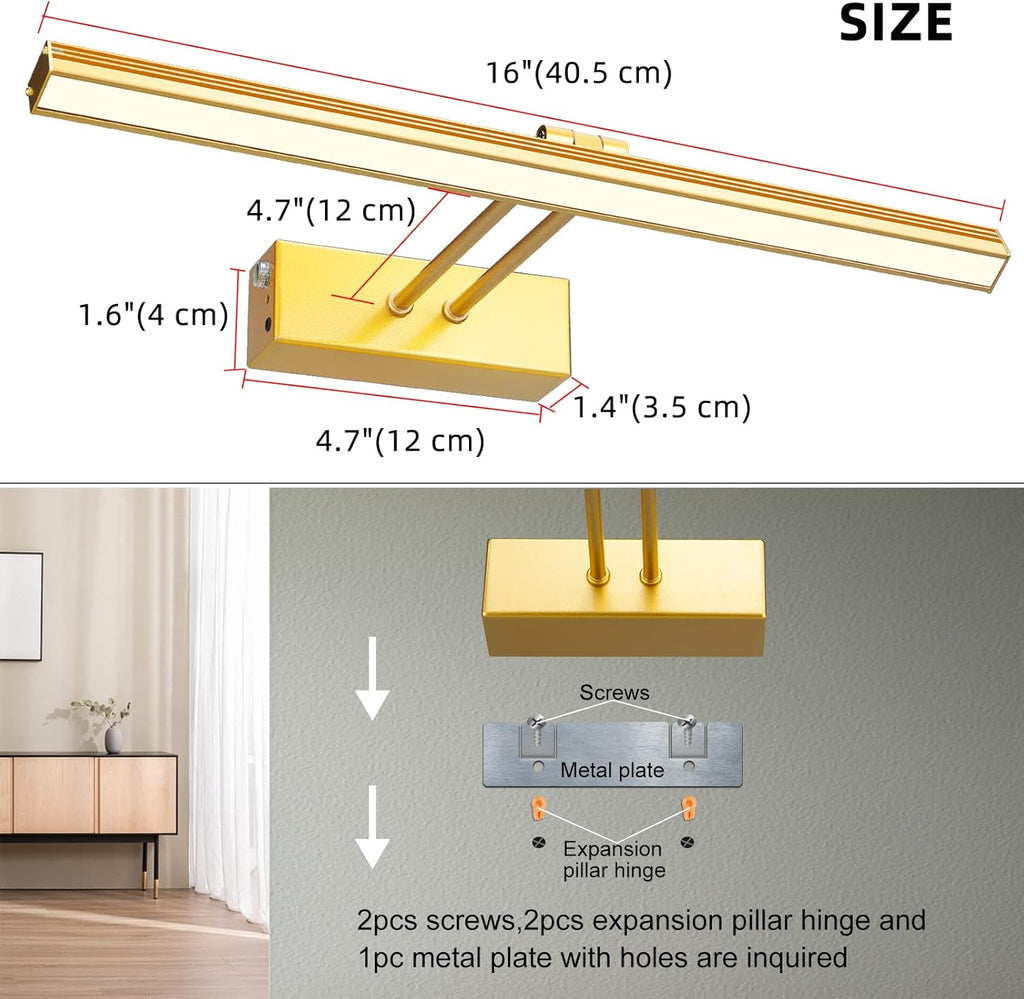 FUNCHDAY Picture Light,5000mAh Battery Operated Picture Light for Wall,Wireless Remote Painting Light with Timer and Dimmable,16”Metal Art Light for Display,Artwork,Portrait,Gallery-Gold - Grand Goldman