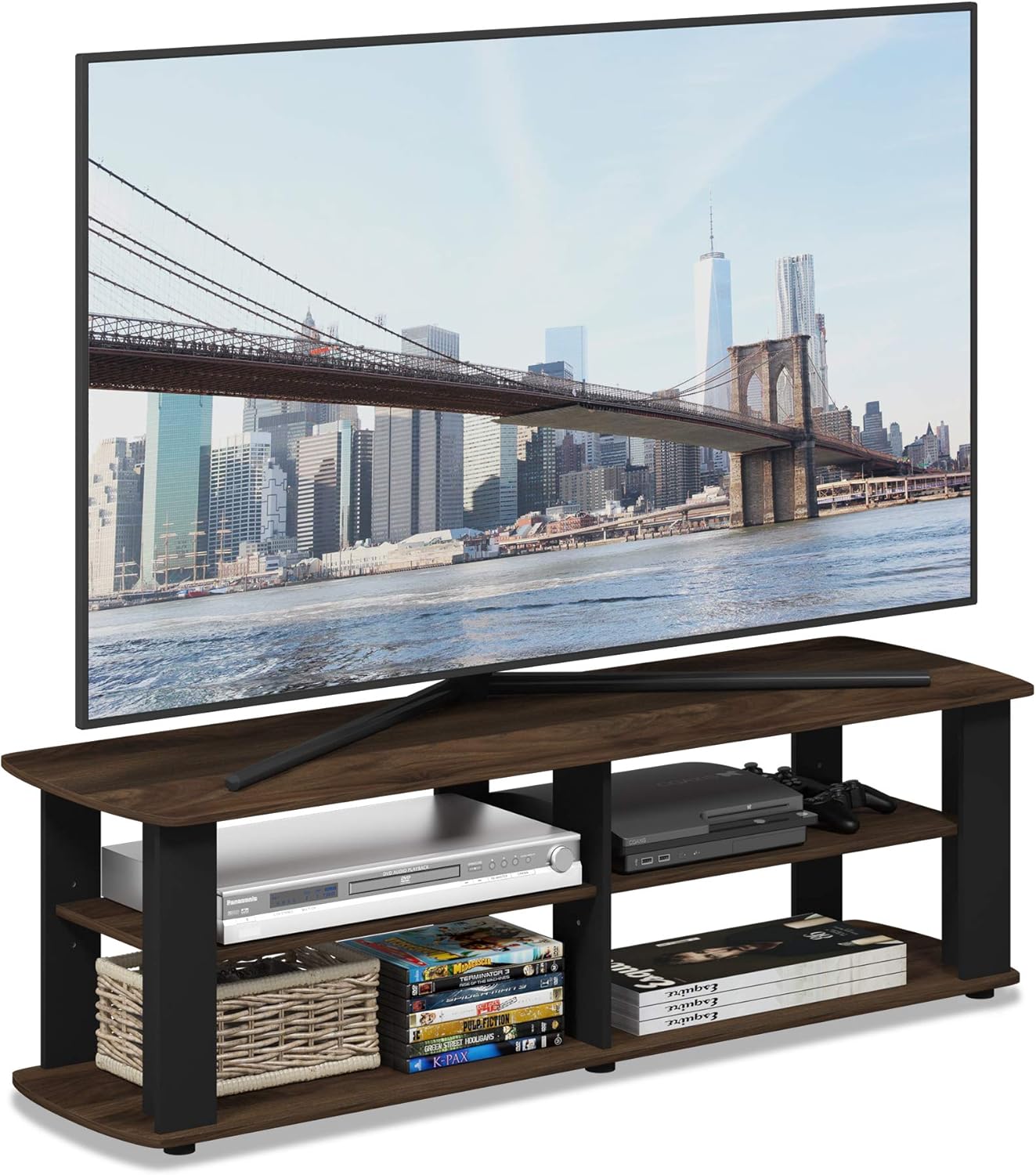 FURINNO Nelly Entertainment Center TV Stand, Short 43.3"(W) x13.4(H) x13.1(D), Columbia Walnut/Black - Grand Goldman