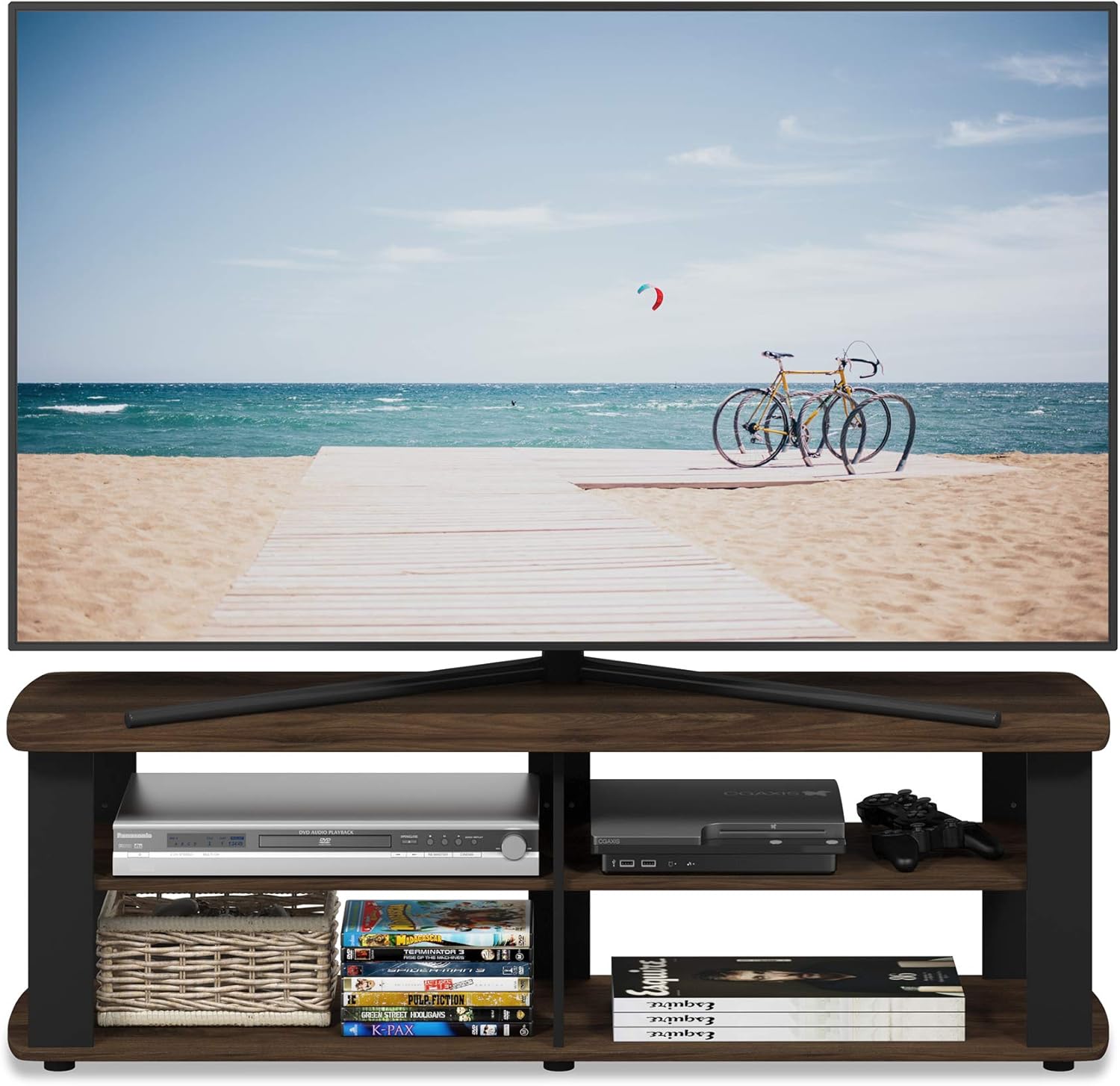 FURINNO Nelly Entertainment Center TV Stand, Short 43.3"(W) x13.4(H) x13.1(D), Columbia Walnut/Black - Grand Goldman