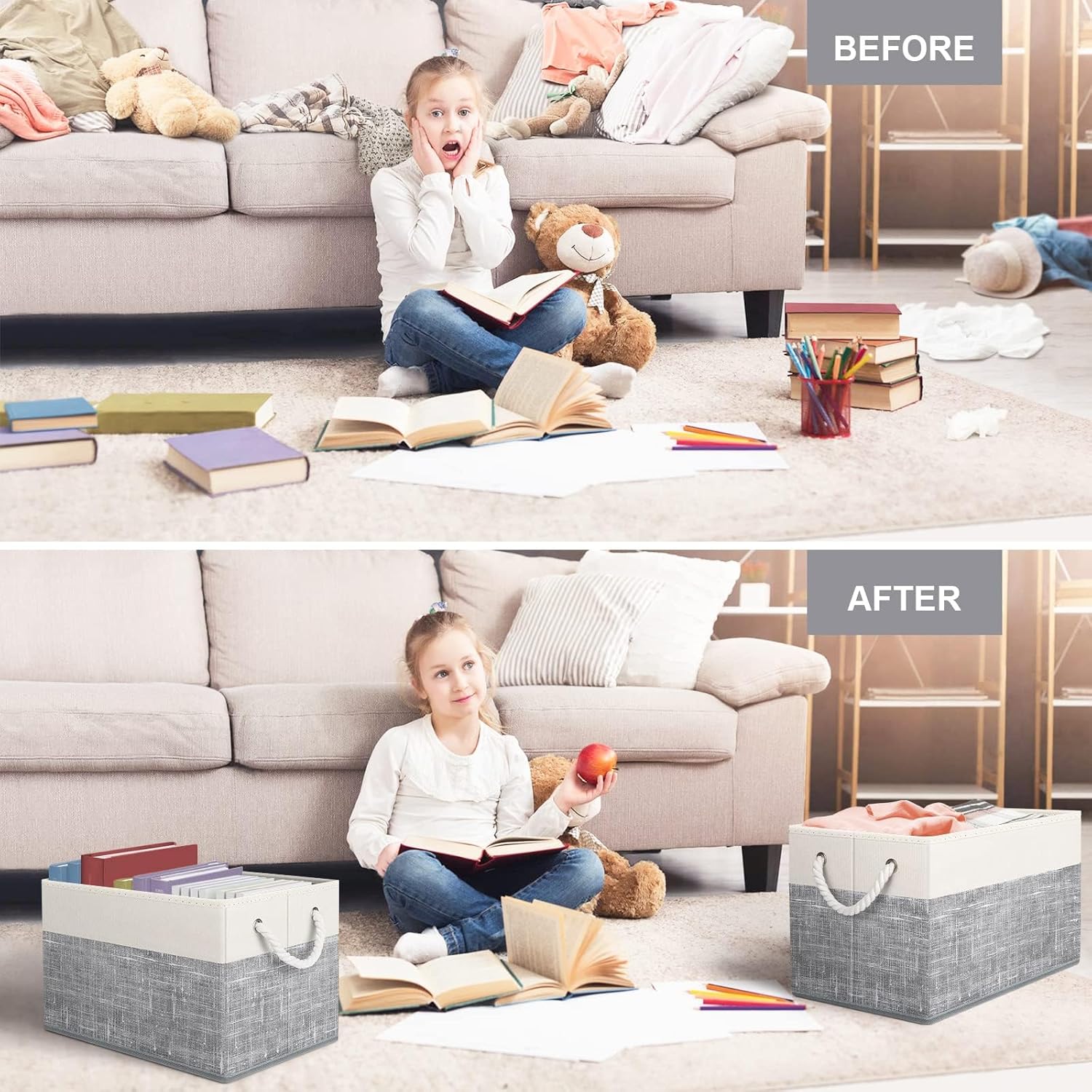 Fab totes Storage Bins [3-Pack], Foldable Storage Baskets for Organizing Toys, Books, Shelves, Closet, Large Storage Box with Rope Handles, Sturdy Organizer Bins, White & Grey - Grand Goldman