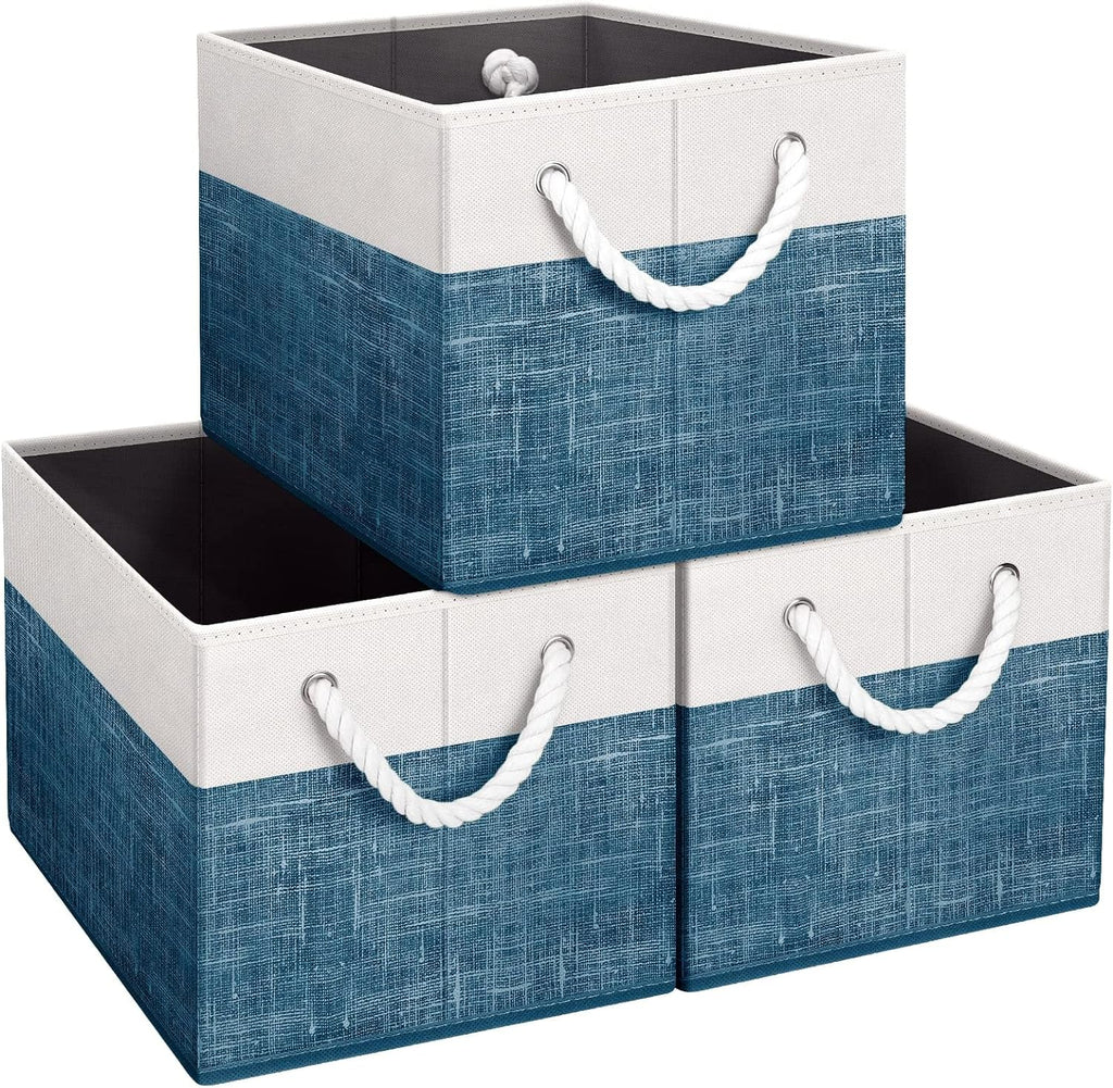 Fab totes Storage Bins [3-Pack], Foldable Storage Baskets for Organizing Toys, Books, Shelves, Closet, Large Storage Box with Rope Handles, Sturdy Organizer Bins, White & Grey - Grand Goldman