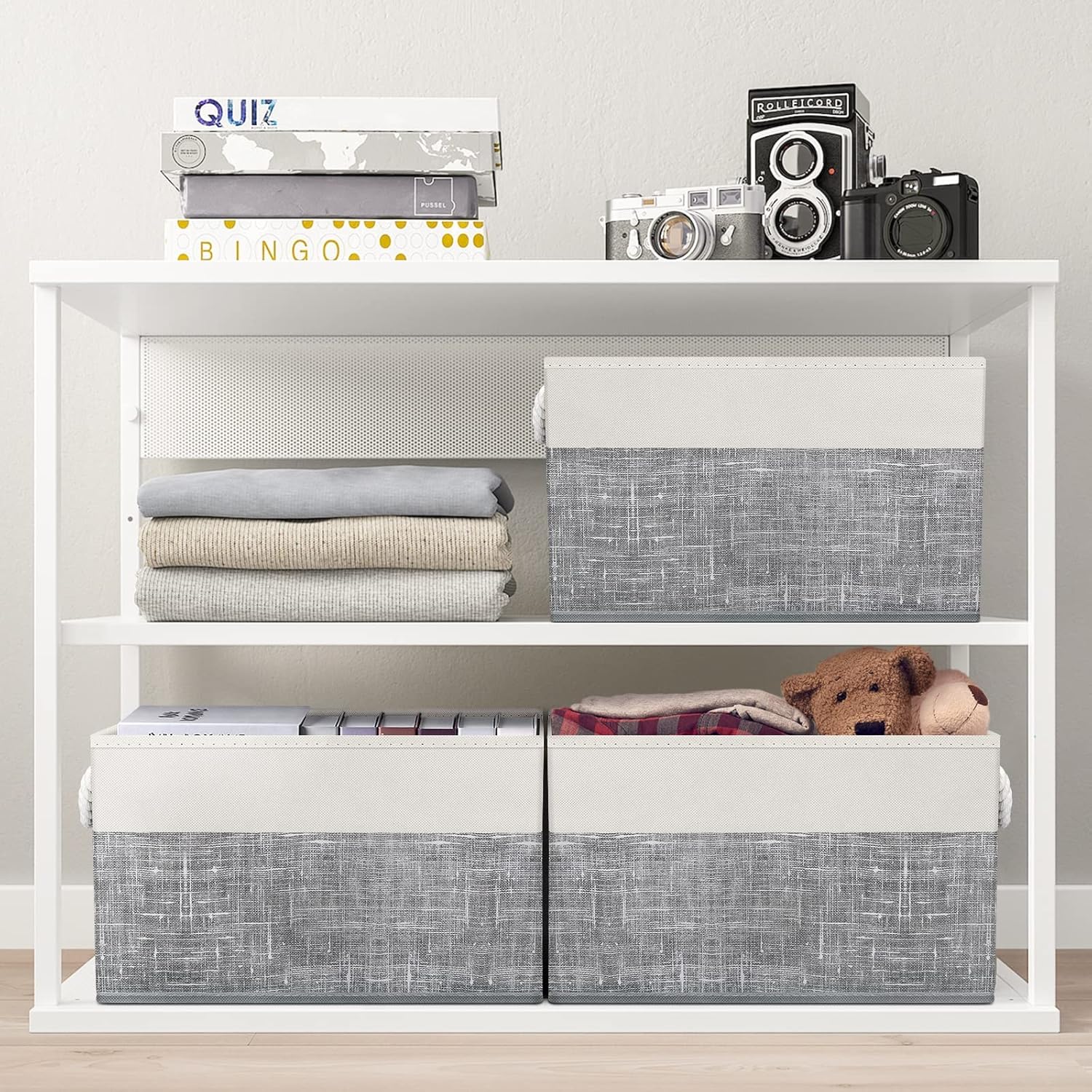 Fab totes Storage Bins [3-Pack], Foldable Storage Baskets for Organizing Toys, Books, Shelves, Closet, Large Storage Box with Rope Handles, Sturdy Organizer Bins, White & Grey - Grand Goldman