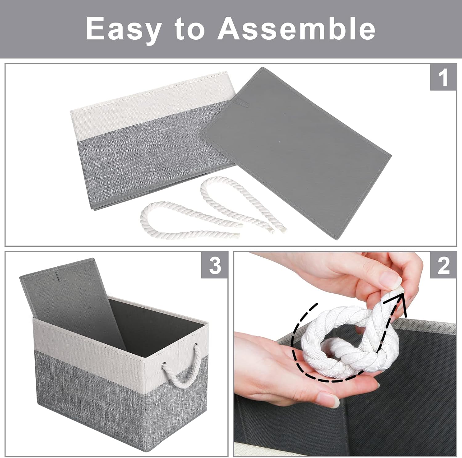Fab totes Storage Bins [3-Pack], Foldable Storage Baskets for Organizing Toys, Books, Shelves, Closet, Large Storage Box with Rope Handles, Sturdy Organizer Bins, White & Grey - Grand Goldman