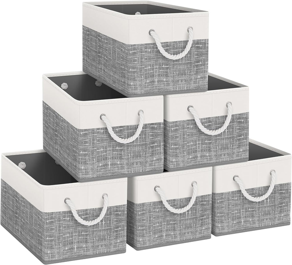Fab totes Storage Bins [3-Pack], Foldable Storage Baskets for Organizing Toys, Books, Shelves, Closet, Large Storage Box with Rope Handles, Sturdy Organizer Bins, White & Grey - Grand Goldman