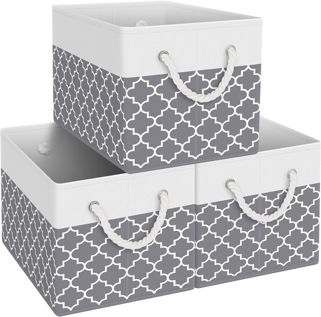 Fab totes Storage Bins [3-Pack], Foldable Storage Baskets for Organizing Toys, Books, Shelves, Closet, Large Storage Box with Rope Handles, Sturdy Organizer Bins, White & Grey - Grand Goldman