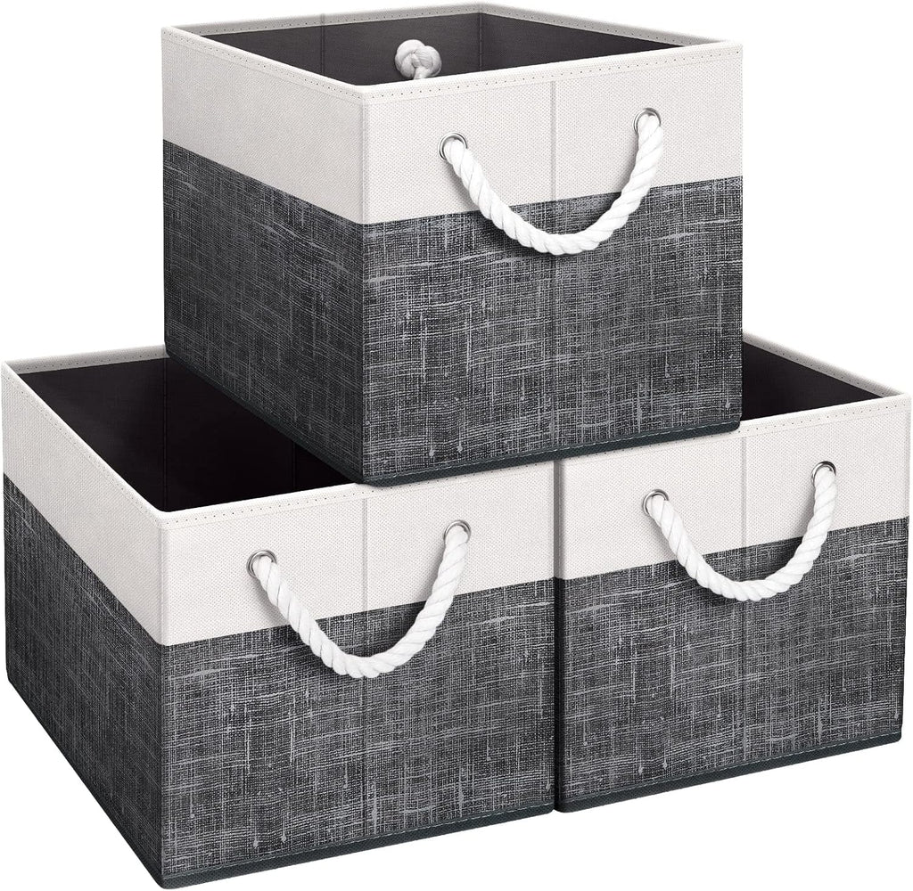 Fab totes Storage Bins [3-Pack], Foldable Storage Baskets for Organizing Toys, Books, Shelves, Closet, Large Storage Box with Rope Handles, Sturdy Organizer Bins, White & Grey - Grand Goldman