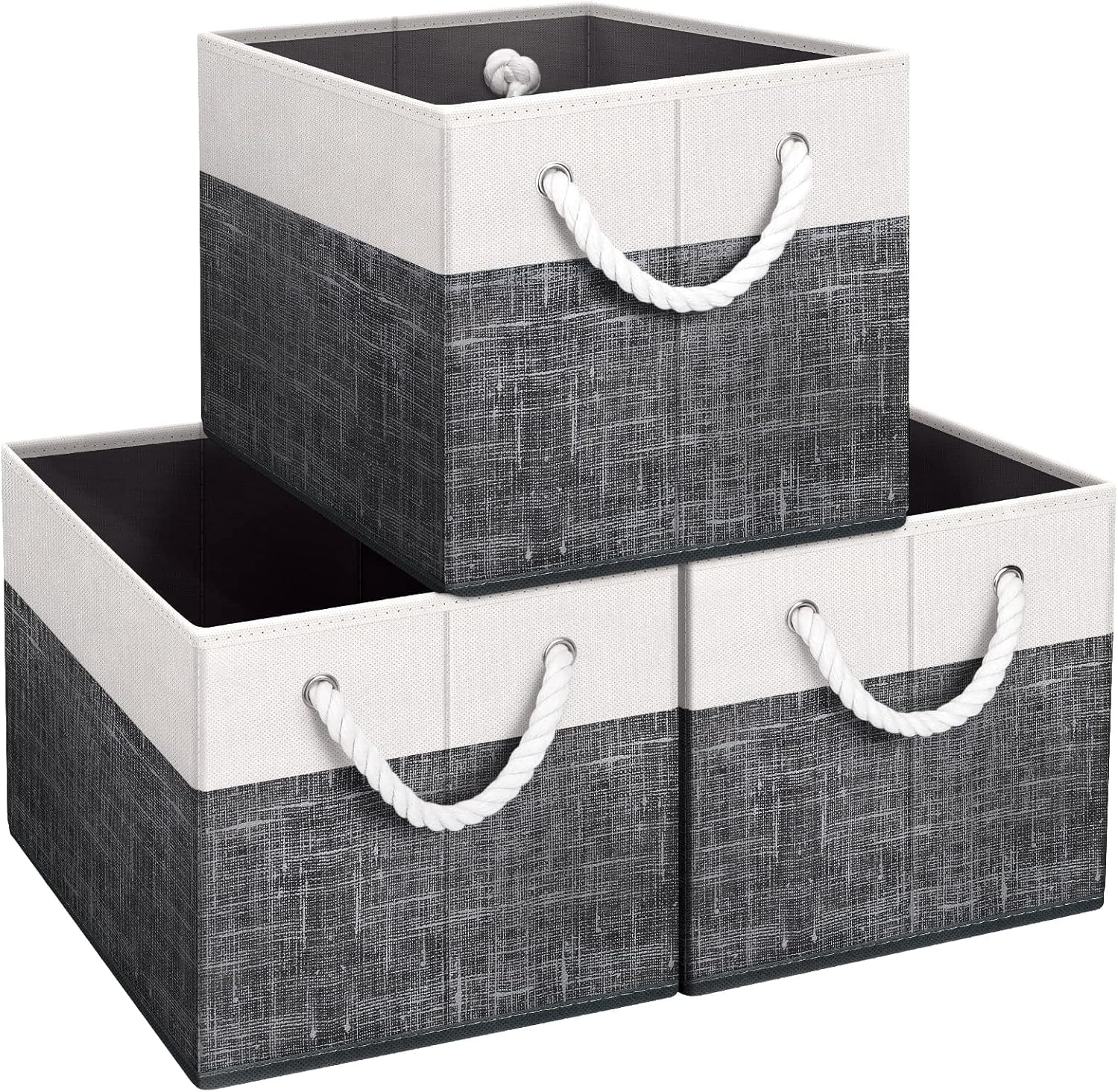 Fab totes Storage Bins [3-Pack], Foldable Storage Baskets for Organizing Toys, Books, Shelves, Closet, Large Storage Box with Rope Handles, Sturdy Organizer Bins, White & Grey - Grand Goldman