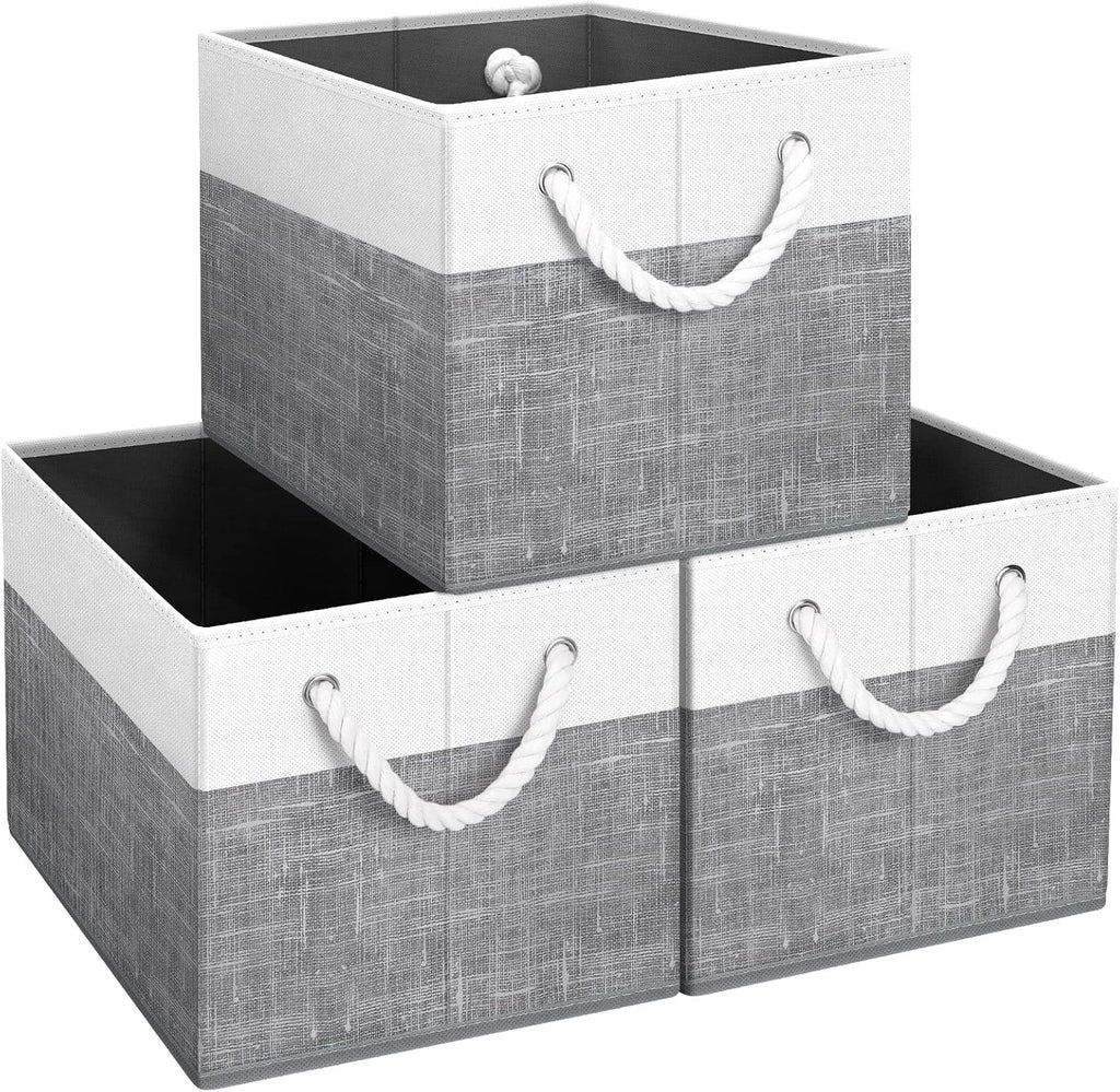 Fab totes Storage Bins [3-Pack], Foldable Storage Baskets for Organizing Toys, Books, Shelves, Closet, Large Storage Box with Rope Handles, Sturdy Organizer Bins, White & Grey - Grand Goldman