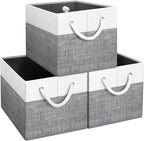 Fab totes Storage Bins [3-Pack], Foldable Storage Baskets for Organizing Toys, Books, Shelves, Closet, Large Storage Box with Rope Handles, Sturdy Organizer Bins, White & Grey - Grand Goldman