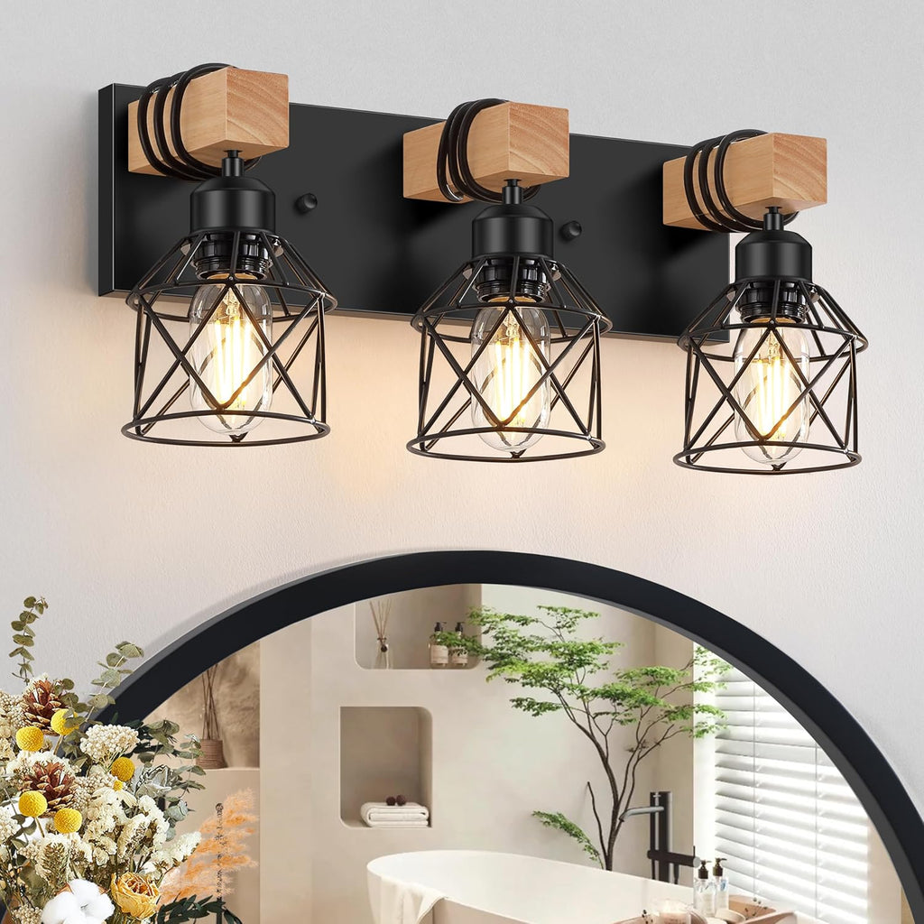 FadimiKoo 3-Light Farmhouse Vanity Light for Bathroom, Wood Bathroom Light Fixtures Over Mirror, Industrial Black Vanity Light with Metal Lampshade for Bedroom Hallway Living Room - Grand Goldman