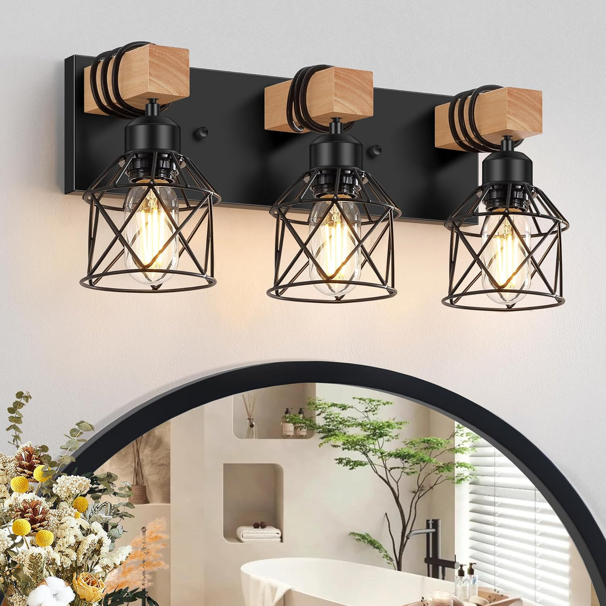 FadimiKoo 3-Light Farmhouse Vanity Light for Bathroom, Wood Bathroom Light Fixtures Over Mirror, Industrial Black Vanity Light with Metal Lampshade for Bedroom Hallway Living Room - Grand Goldman